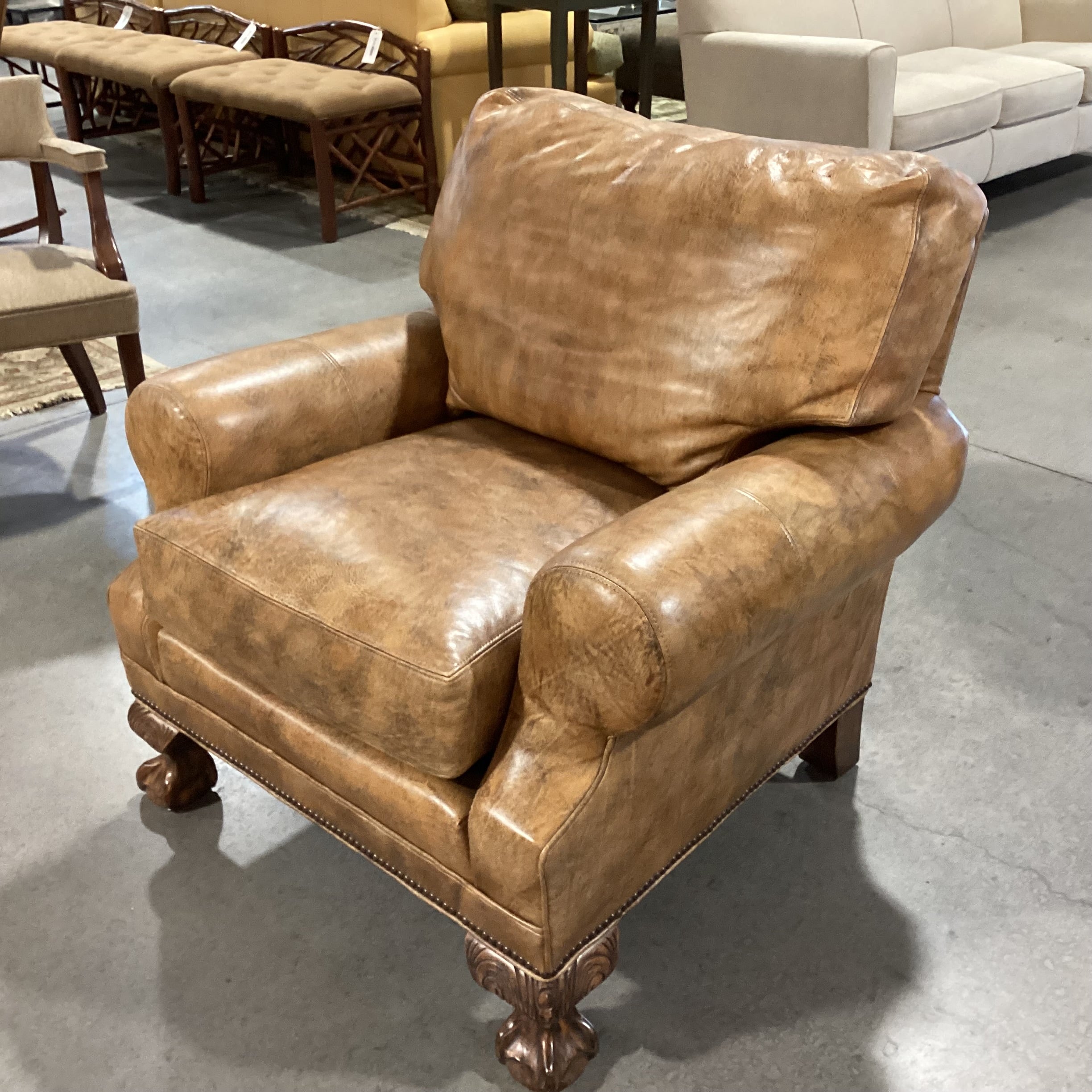 Stanford Furniture Distressed Golden Brown Leather Nailhead & Carved Feet Chair 37"x 36"x 32"