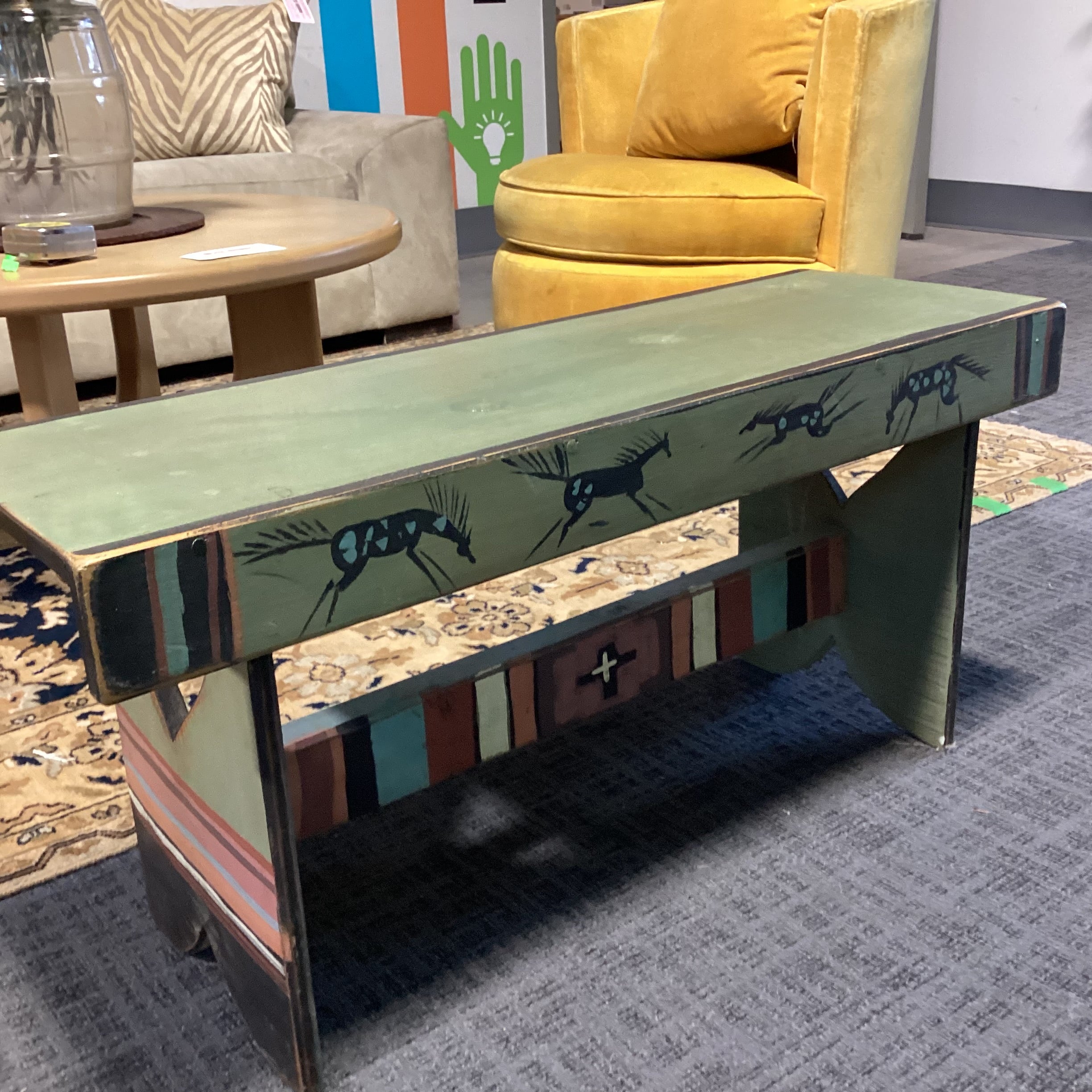 Southwest with Horses Green Rust Black Wood Bench 36"x 12.5"x 17"