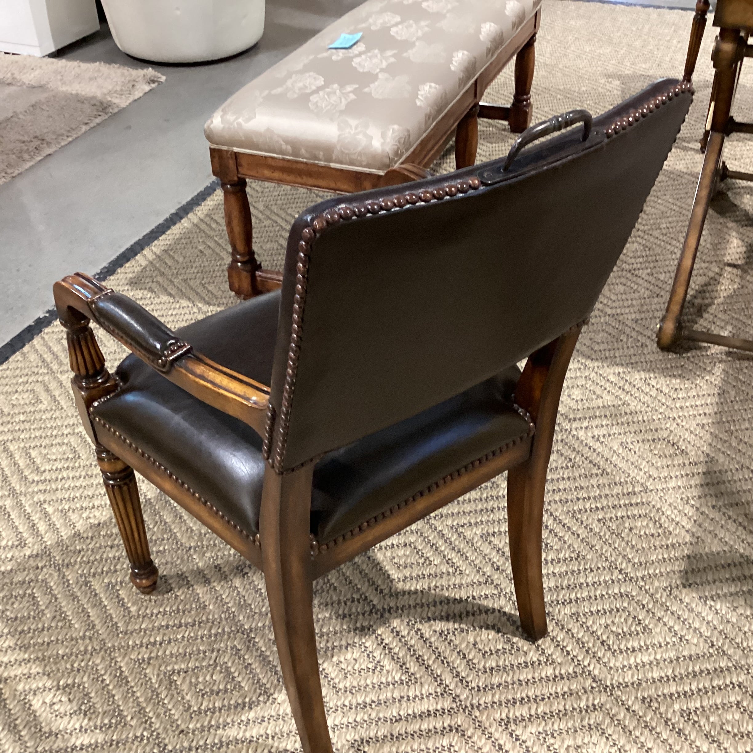 Carved Wood Leather Nailhead & Back Handle Chair 24"x 24"x 39"
