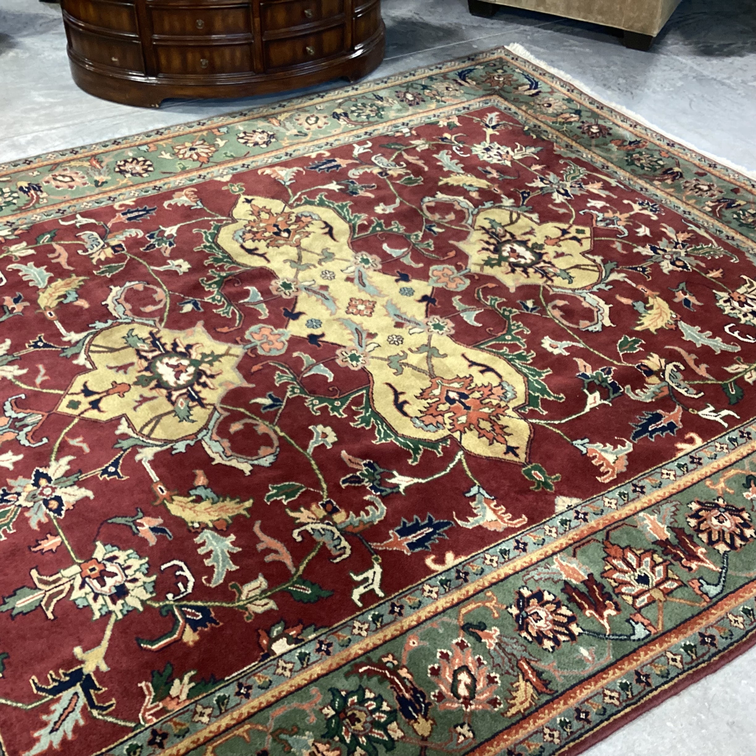Vintage Burgundy Green & Gold Hand Woven Wool Rug 8'x 10'