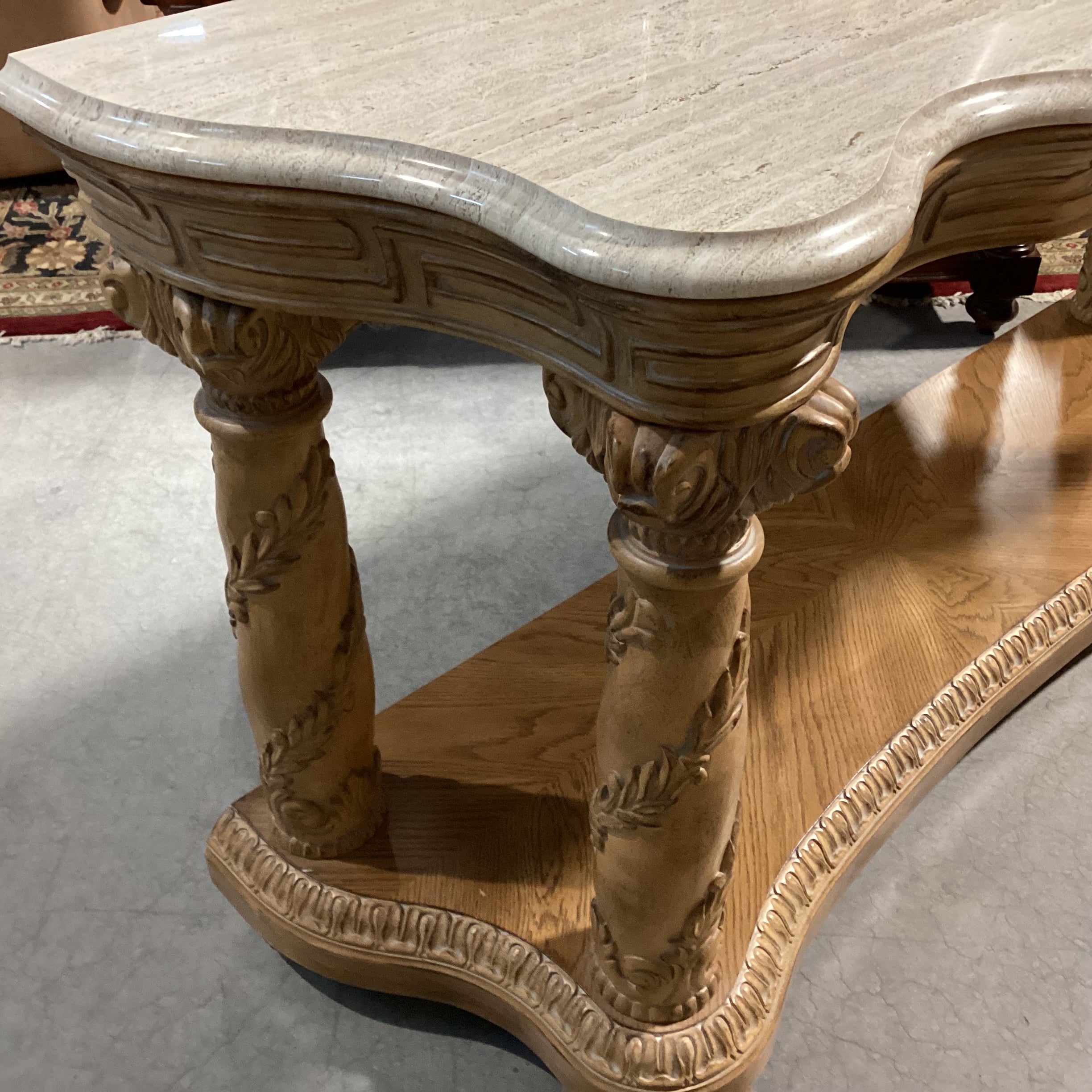 Bernhardt Athena Collection Ornate Carved Light Finish & Travertine Style Stone Console Sofa Table 66"x 21"x 34"