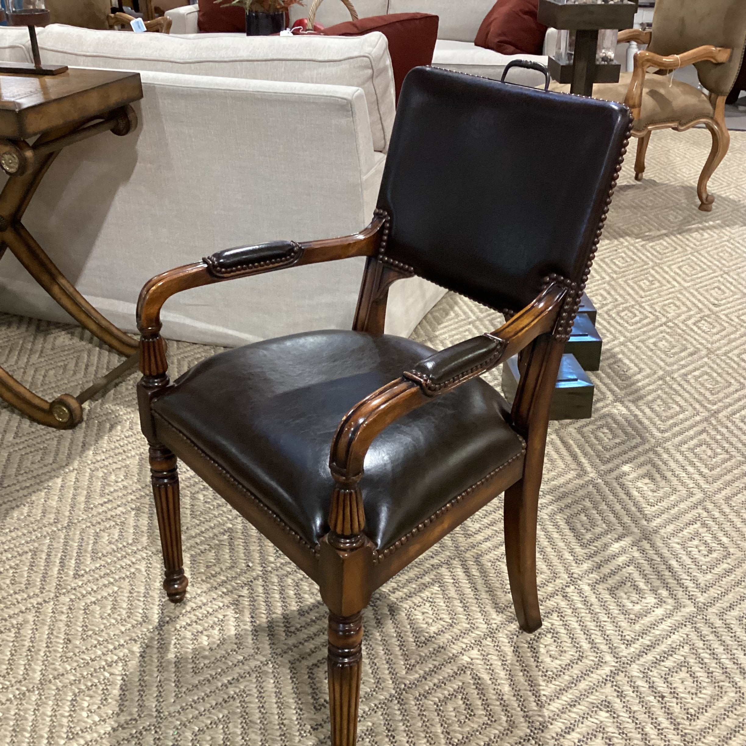 Carved Wood Leather Nailhead & Back Handle Chair 24"x 24"x 39"