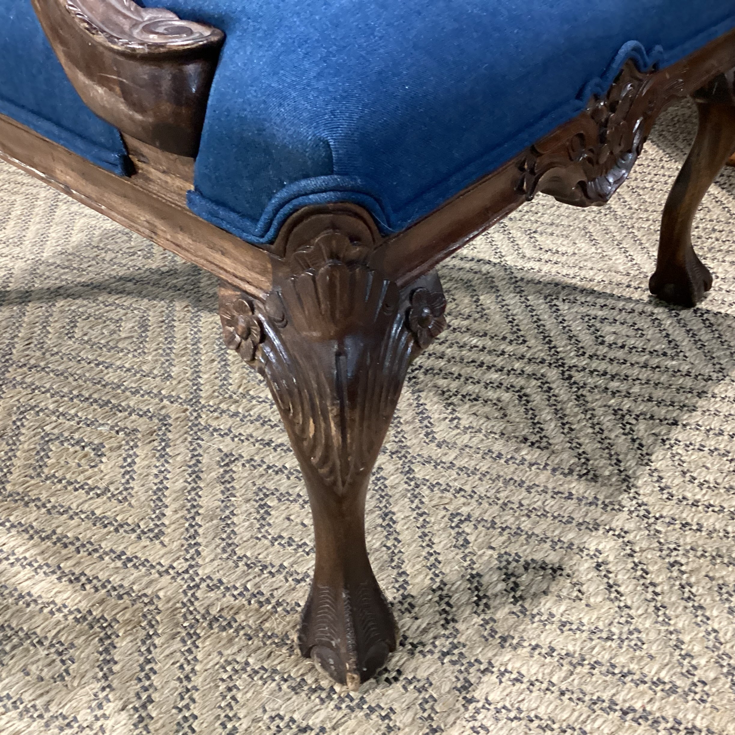 Antique Carved Wood Claw & Ball Foot & Denim Upholstered Chair 29"x 32"x 38"