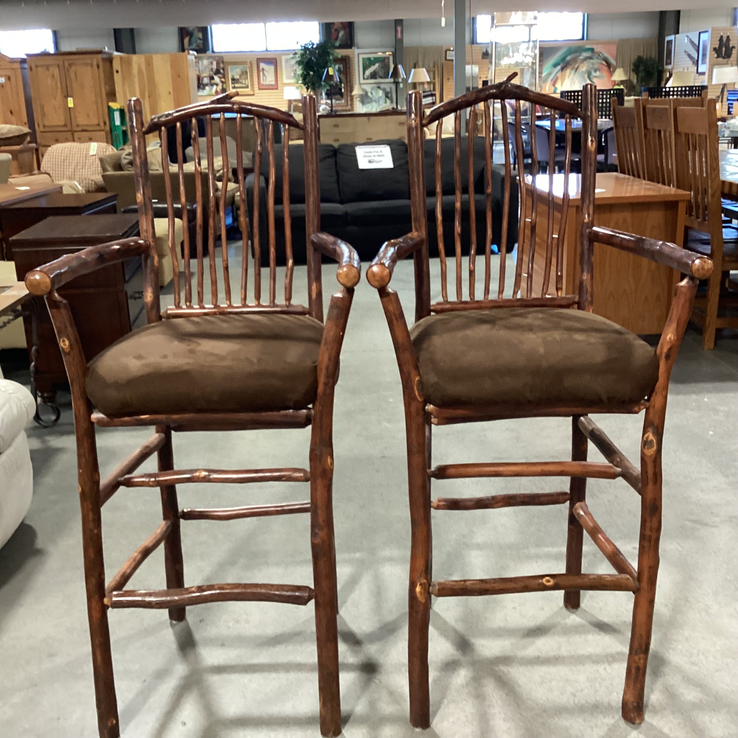 SET of 2 Flat Rock Furniture Hickory & Brown Ultra Suede Barstools 30"