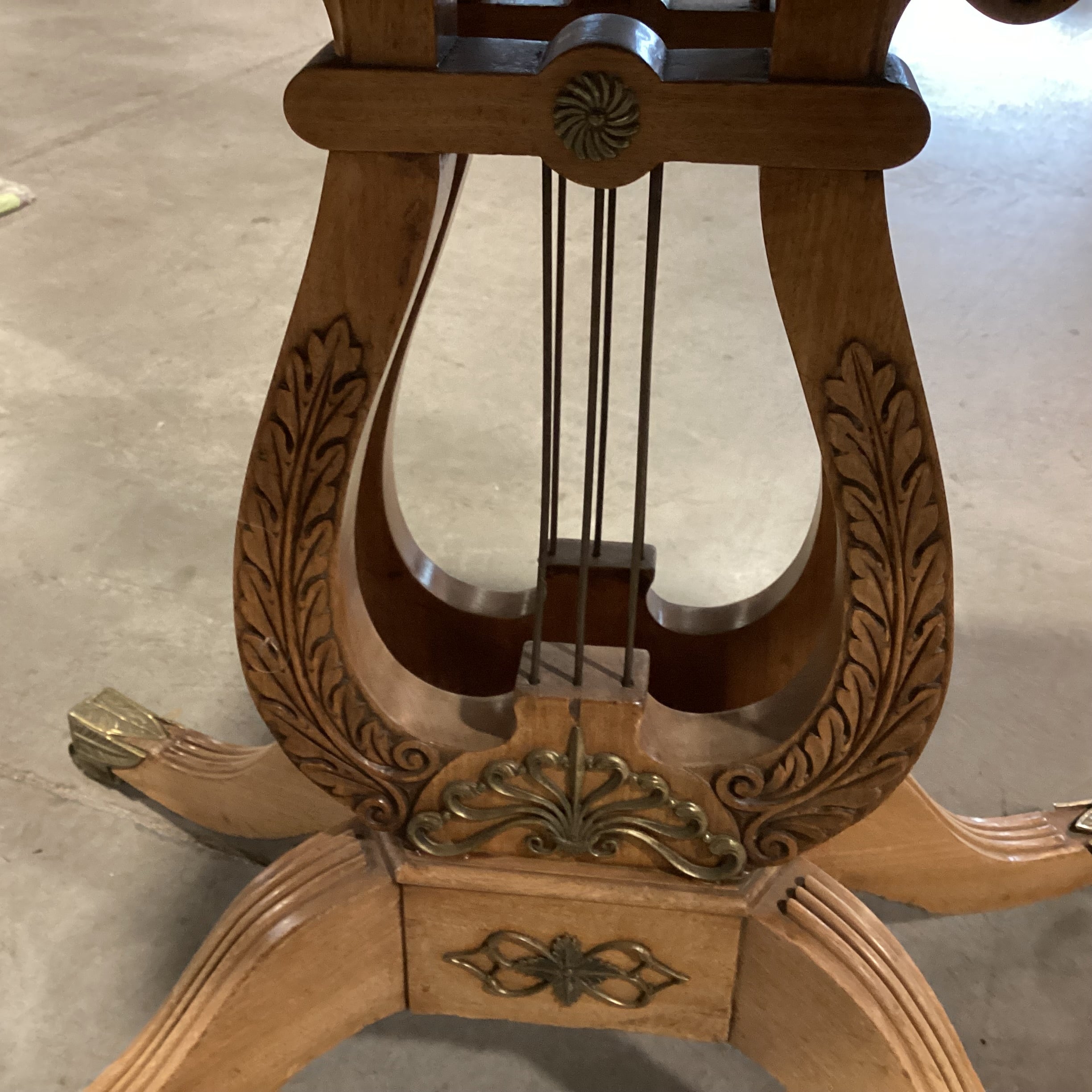 Antique Carved Wood & Veneer Twist Top to Open with Harp Pedestal & Brass Accents Accent Table 36"x 18" to 36"x 29.5"