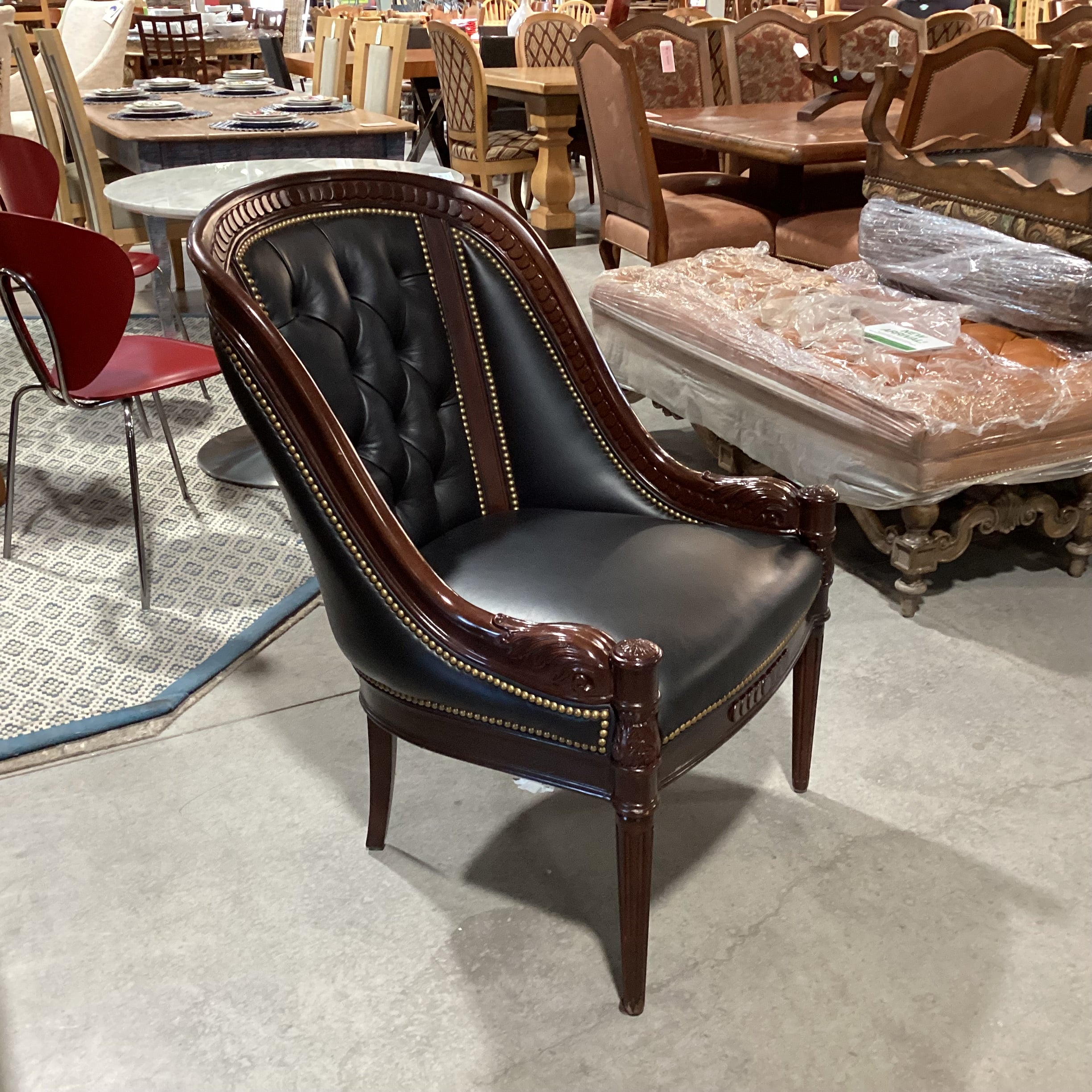 Hancock & Moore Ornate Mahogany Finish Wood Black Leather Tufted Nailhead Accent Chair 27"x 32"x 39"