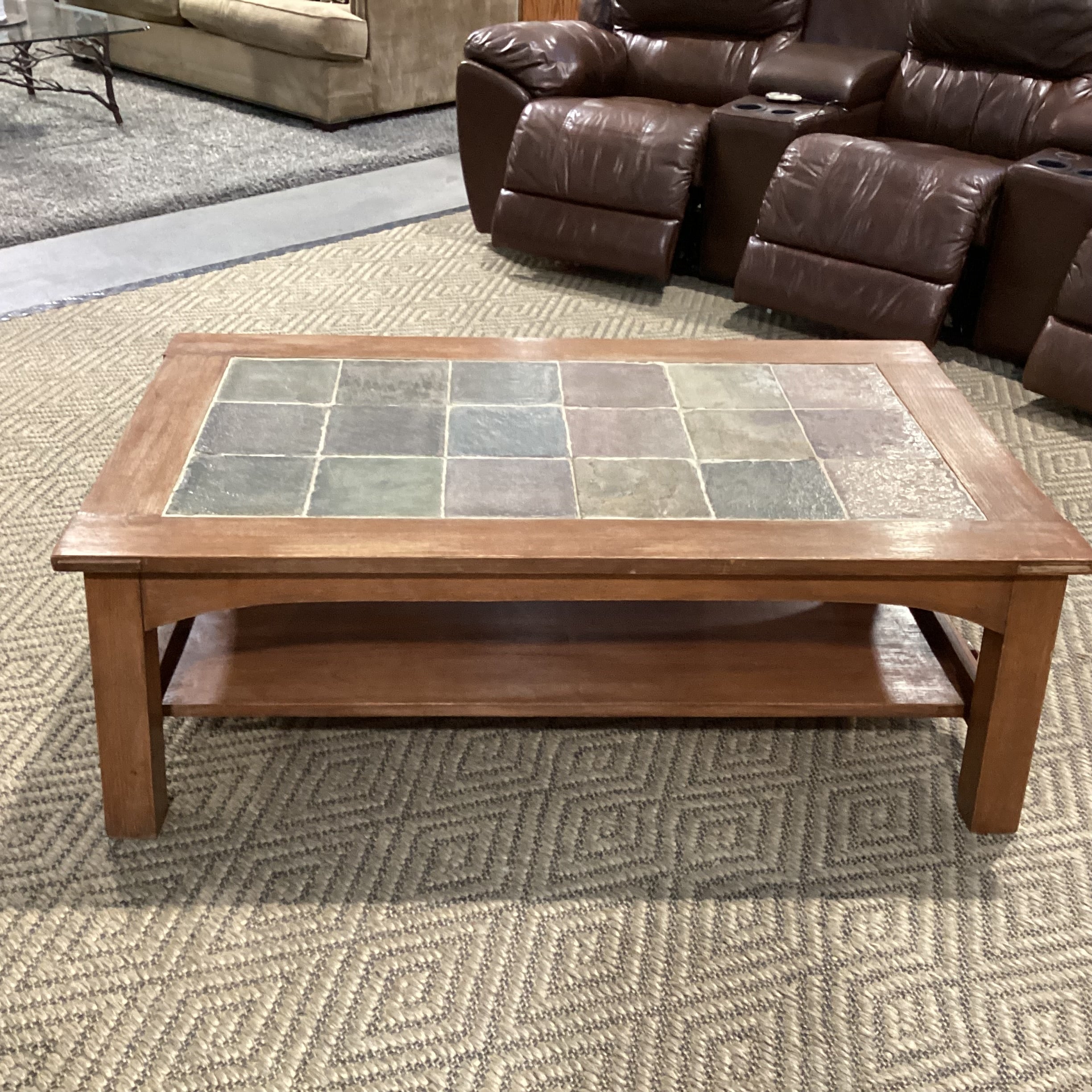 Natural Light Finish Wood & Slate Stone Tile Coffee Table 50.5"x 30"x 18"