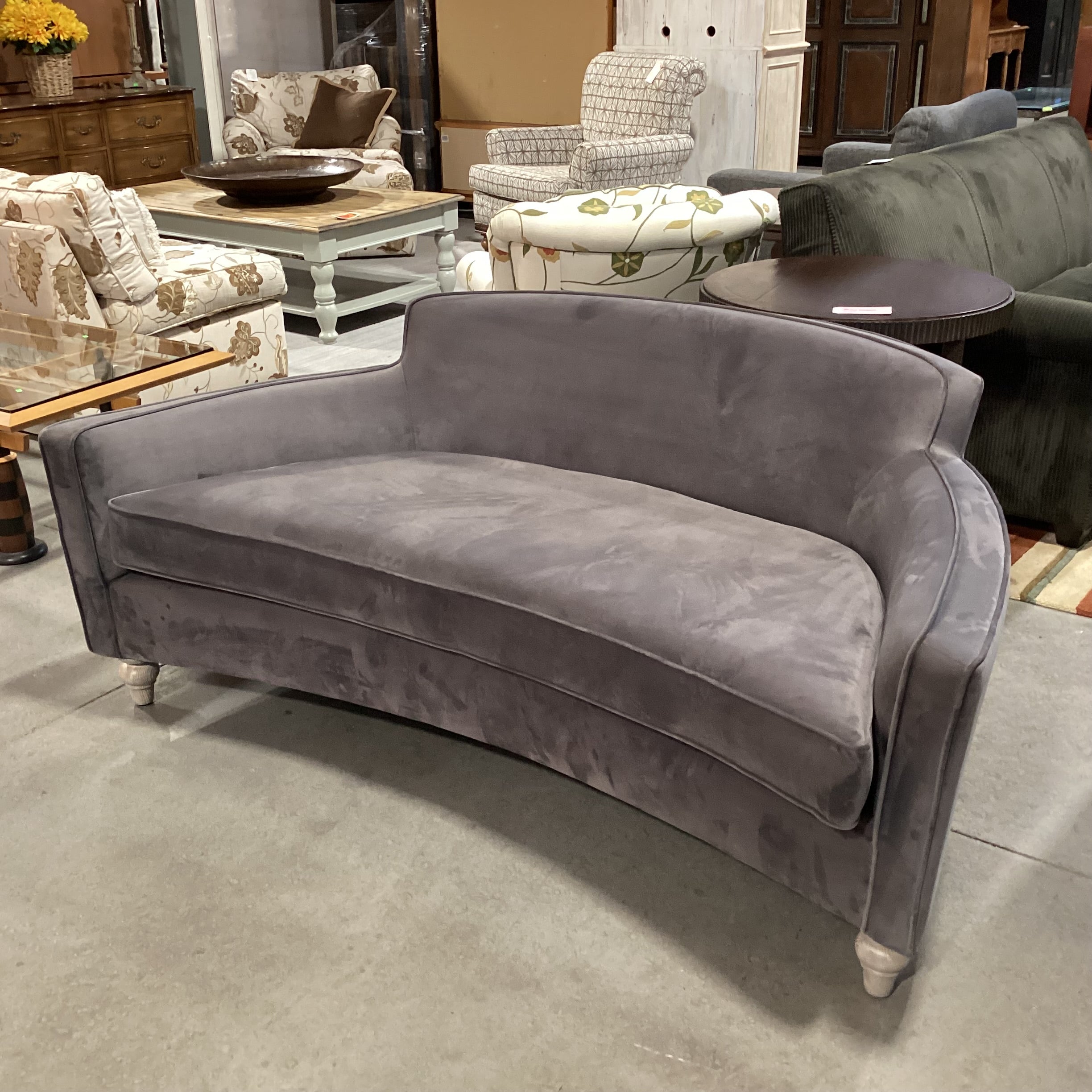 Grey Plush Velvet with French Washed Oak Feet Curved Sofa 70"x 41"x 29"