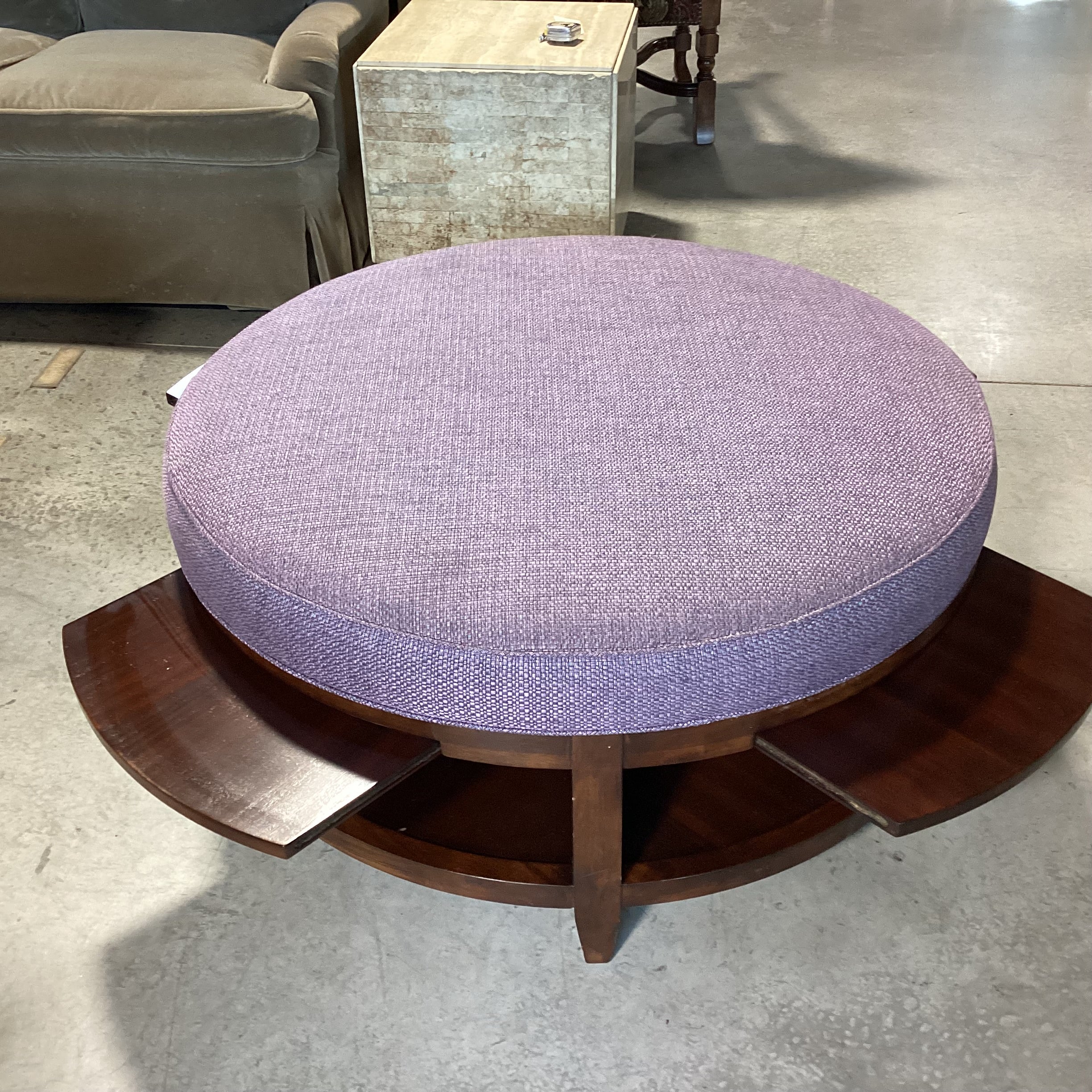 Dark Finish Wood & Plum Woven 2 Tiered with 4 Pullout Tray Sides Round Cocktail Ottoman 41" to 54" Diameter x 19"