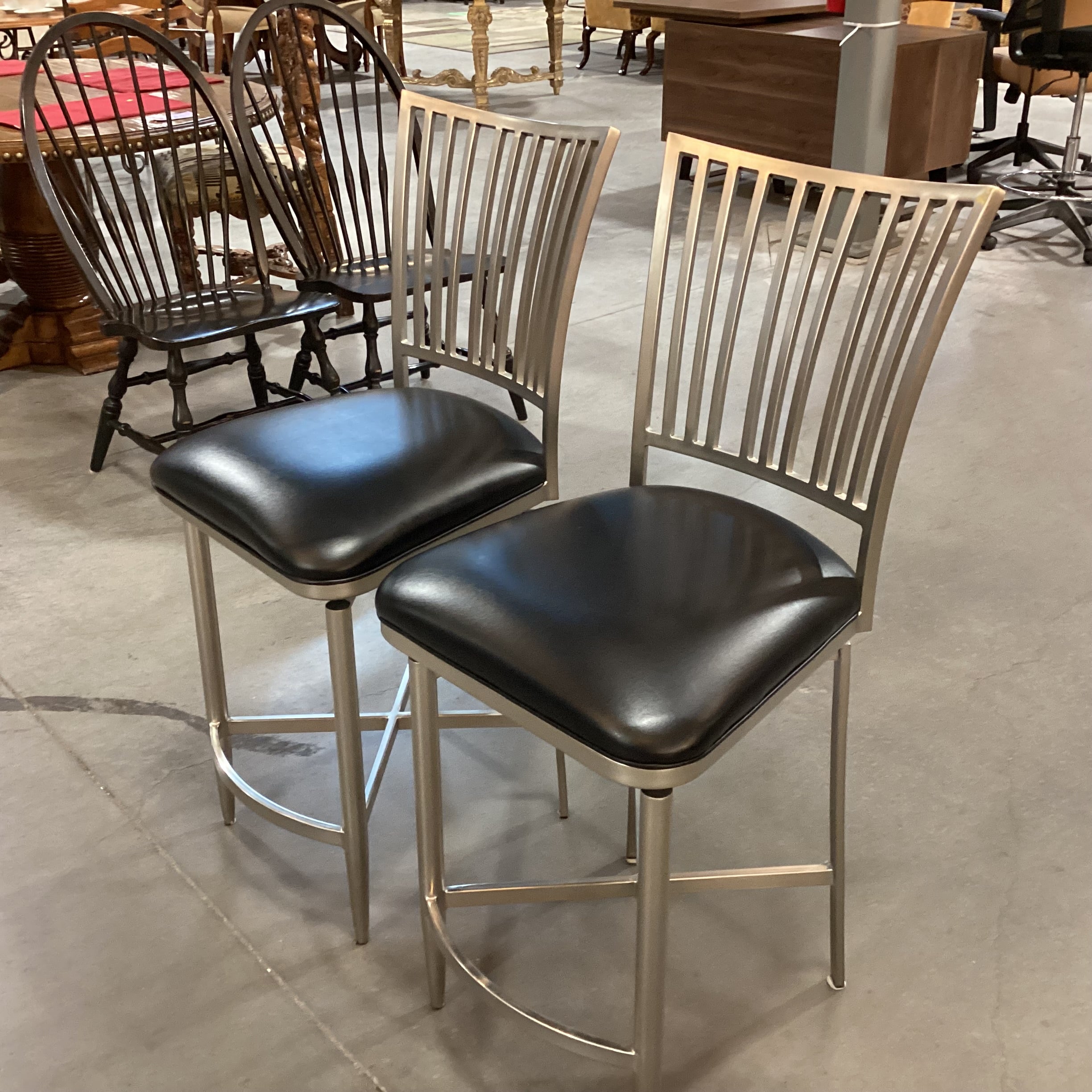 SET of 2 Ashtyn Brushed Nickel Finish Metal & Black Faux Leather Return Swivel Barstools 26"