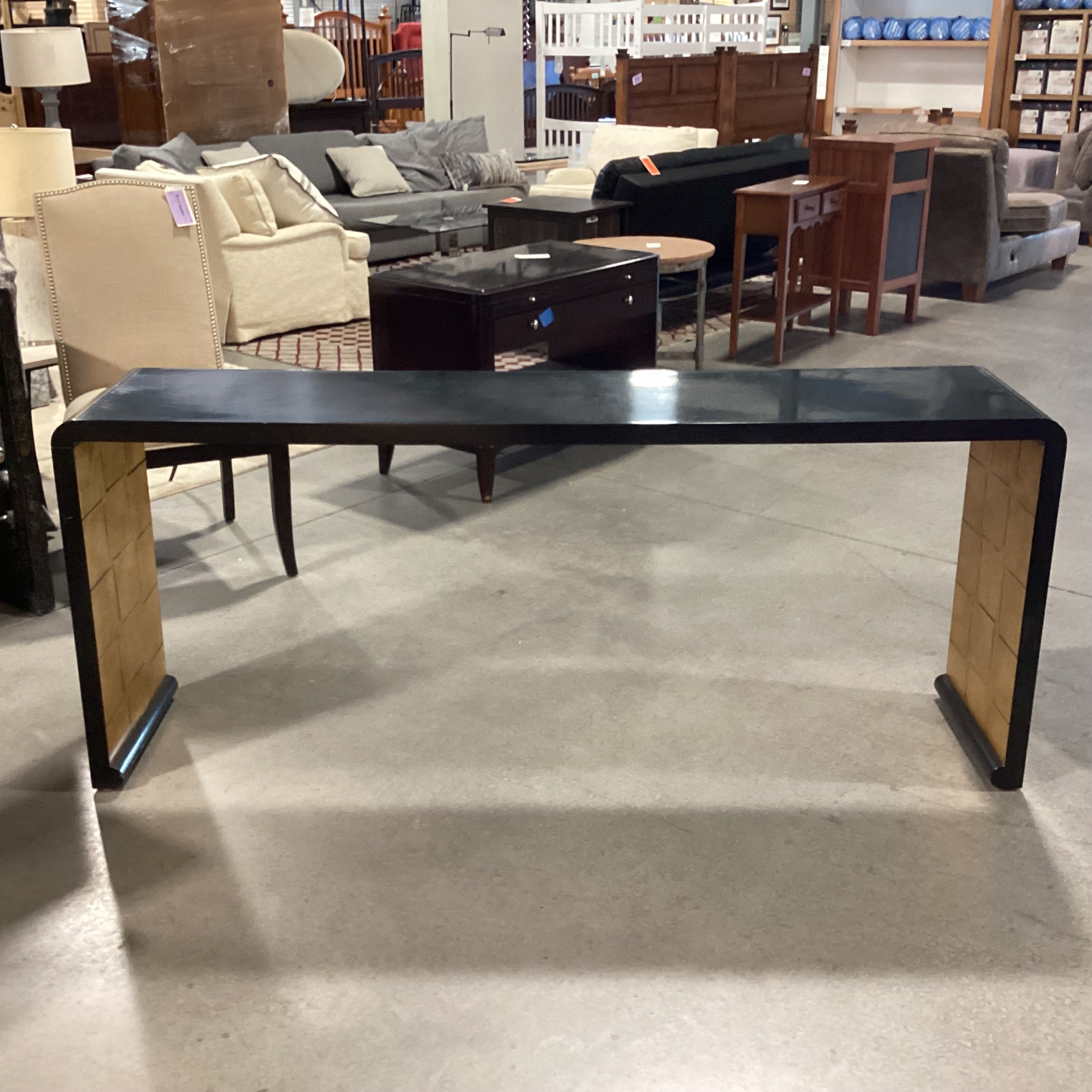 Vintage Black Lacquer & Gold Gilt Console Sofa Table  72"x 16"x 30"