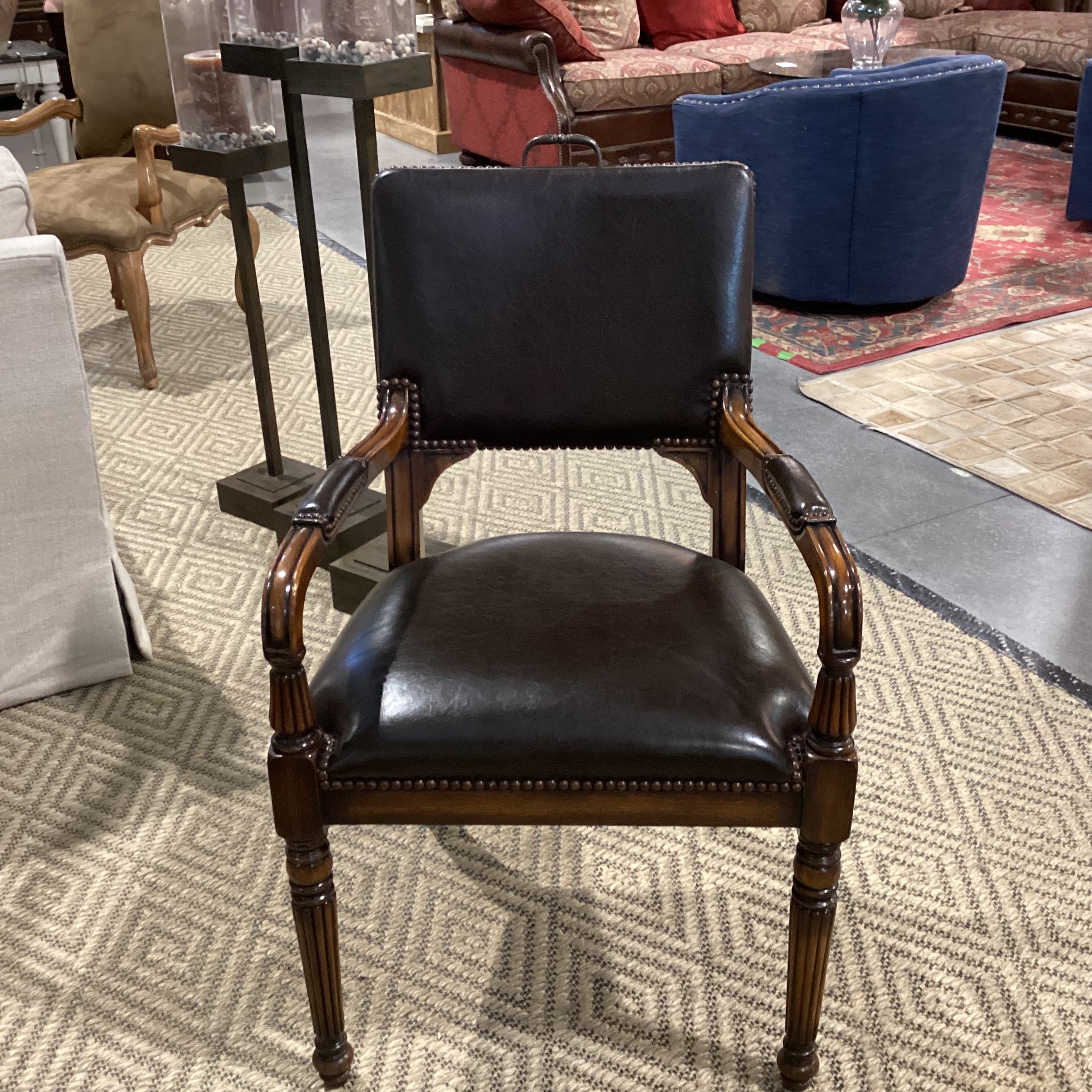 Carved Wood Leather Nailhead & Back Handle Chair 24"x 24"x 39"