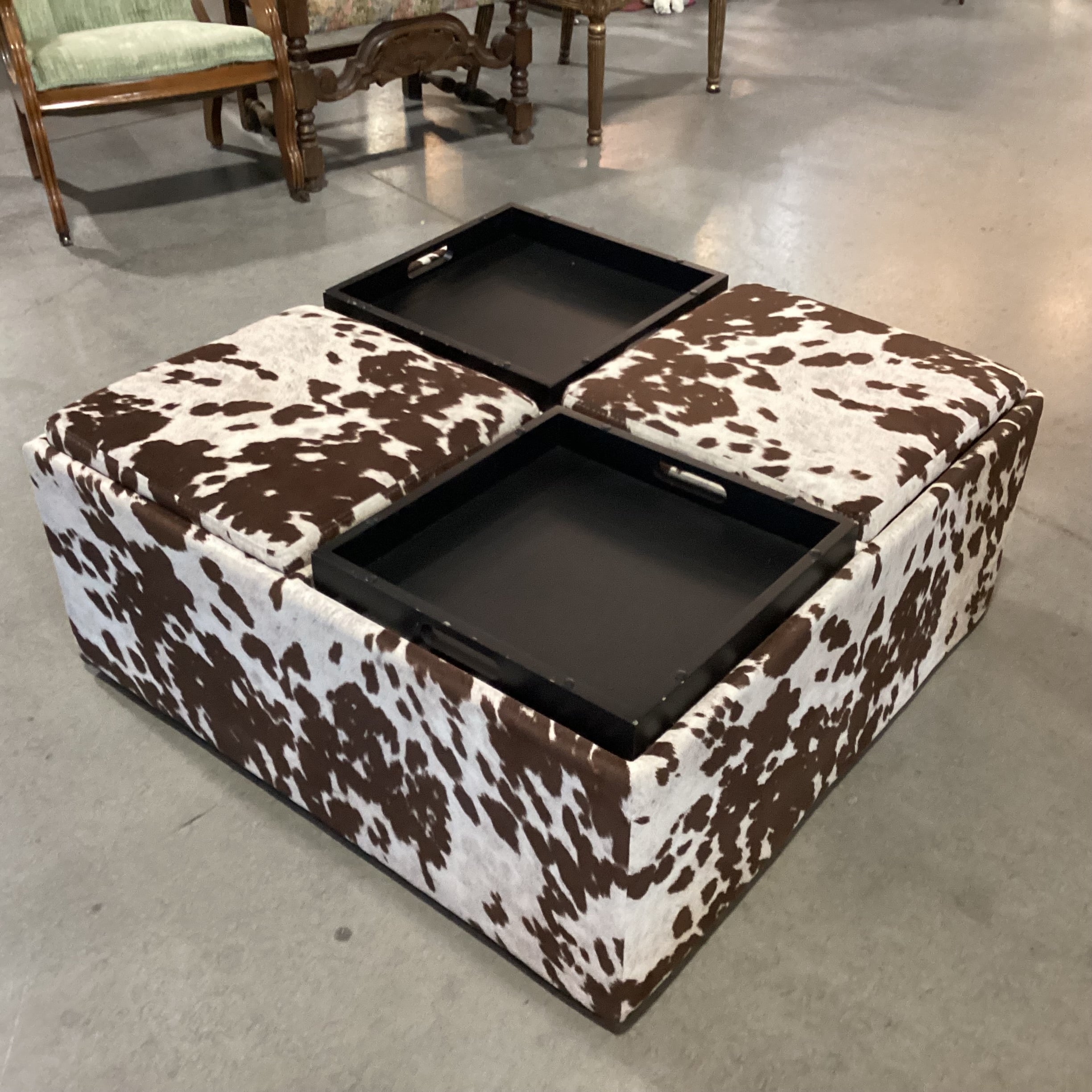 Faux Cowhide 4 Section Storage with Flip Top Tray Cocktail Ottoman 36"x 36"x 16"