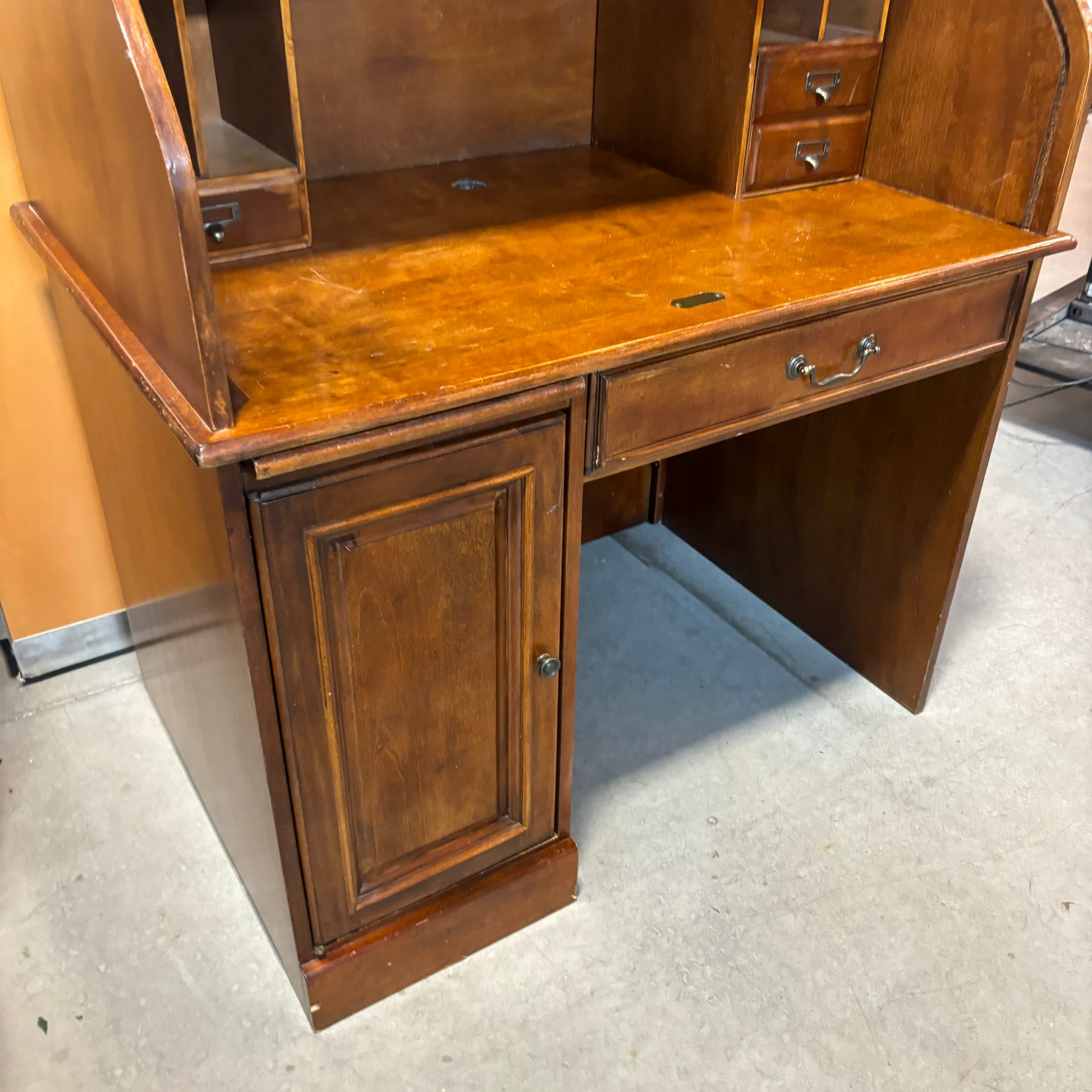 Dark Finish Wood 1 Door 2 Drawer & Pullout Surface Roll Top Desk 42.5"x 29"x 49"