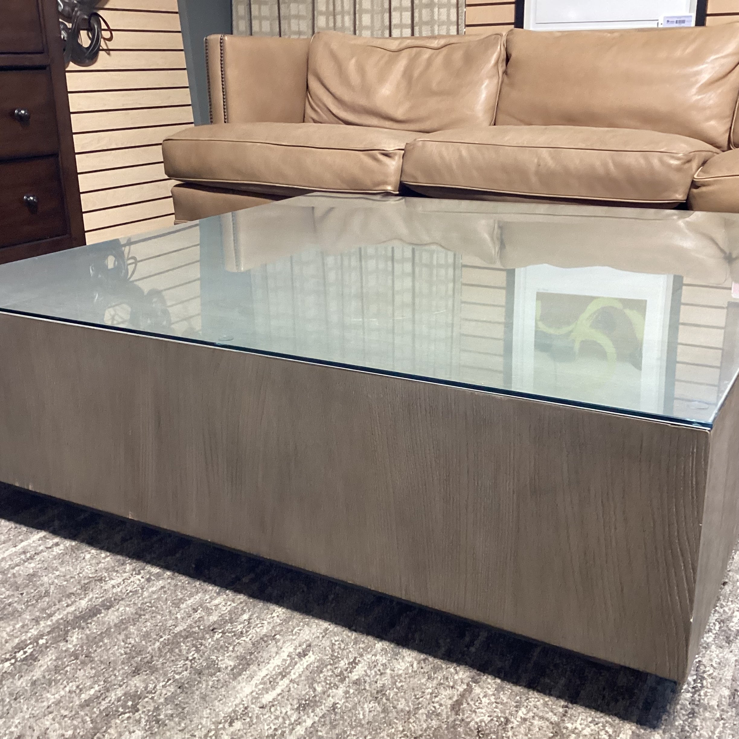 Modern Grey Sage Finished Oak & Glass Top Coffee Table 48"x 48"x 14.5"