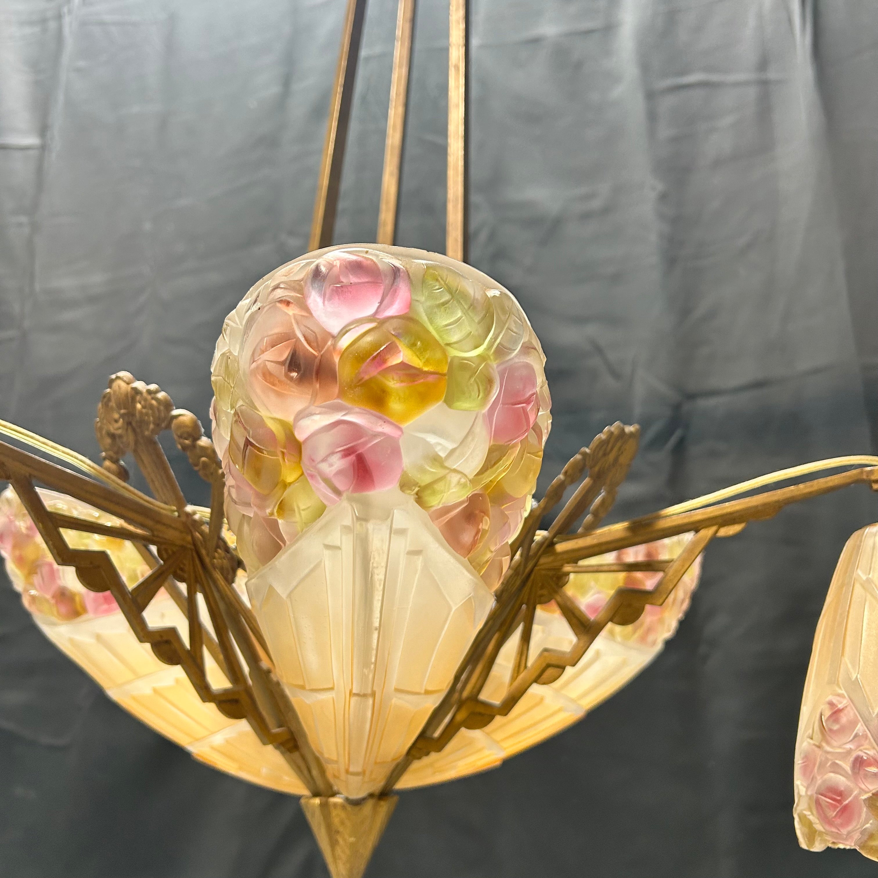 1930 Art Deco Brass & Flowered Glass 6 Light Pendant 22"x 31"