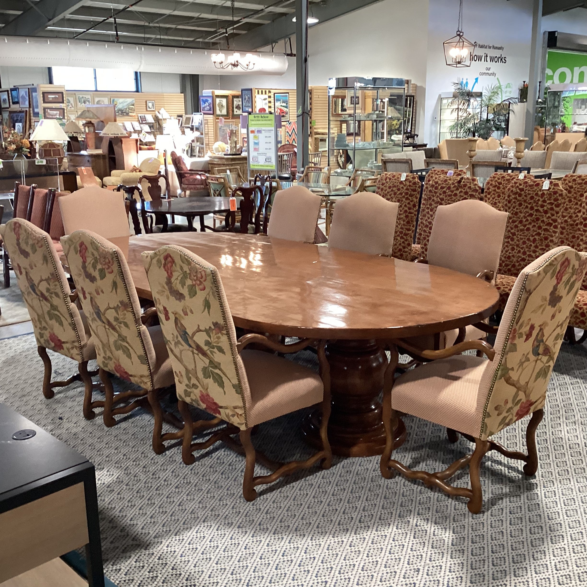 Oval Finished Carved Wood 3 Pedestal Table with 8 Checker Bird Floral Trouvalles Chairs Dining Set 118.5"x 59.5"x 31"