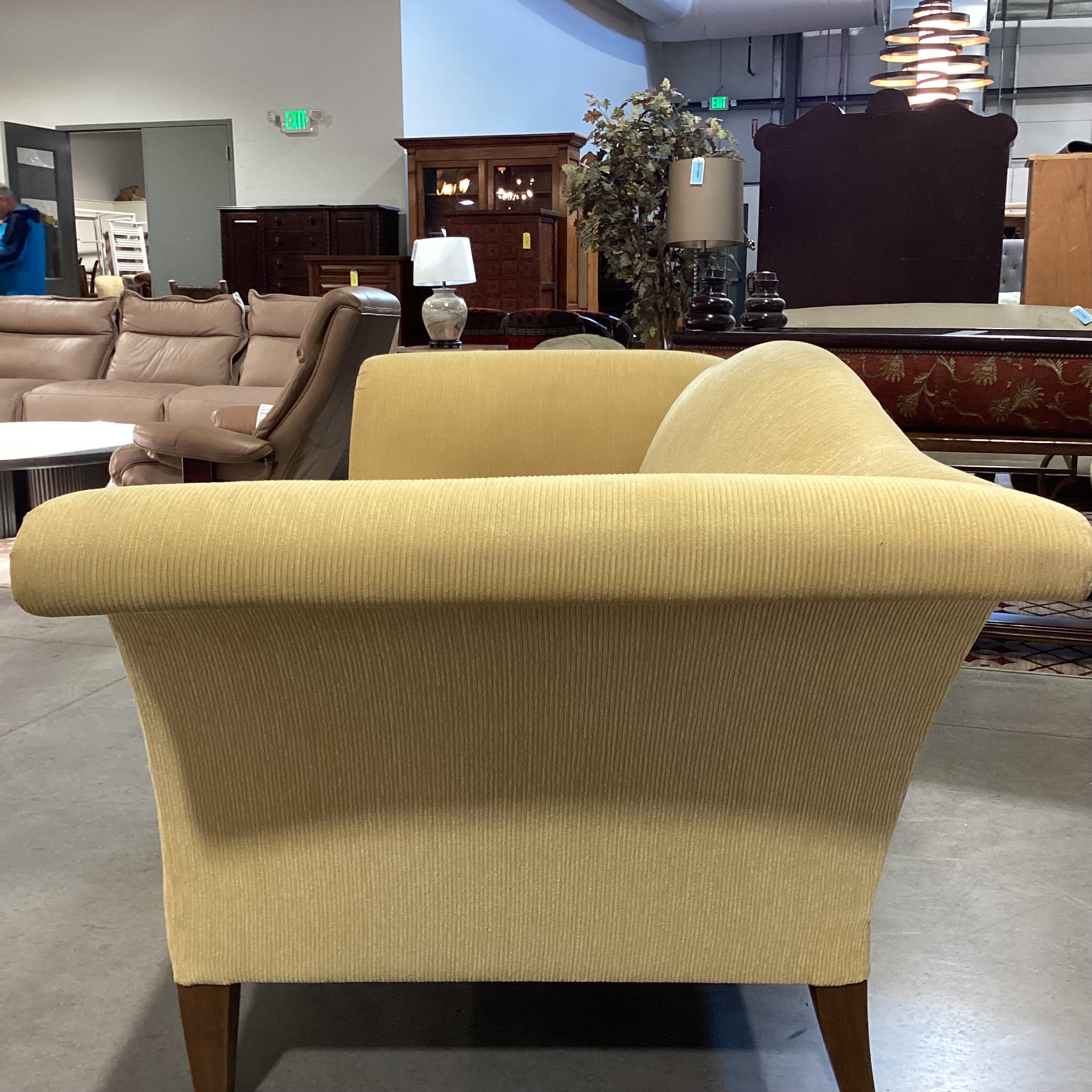 Initials Furniture Golden Yellow Ribbed Upholstery Curve Roll Arm & Arch Back Sofa 90"x 36"x 36.5"