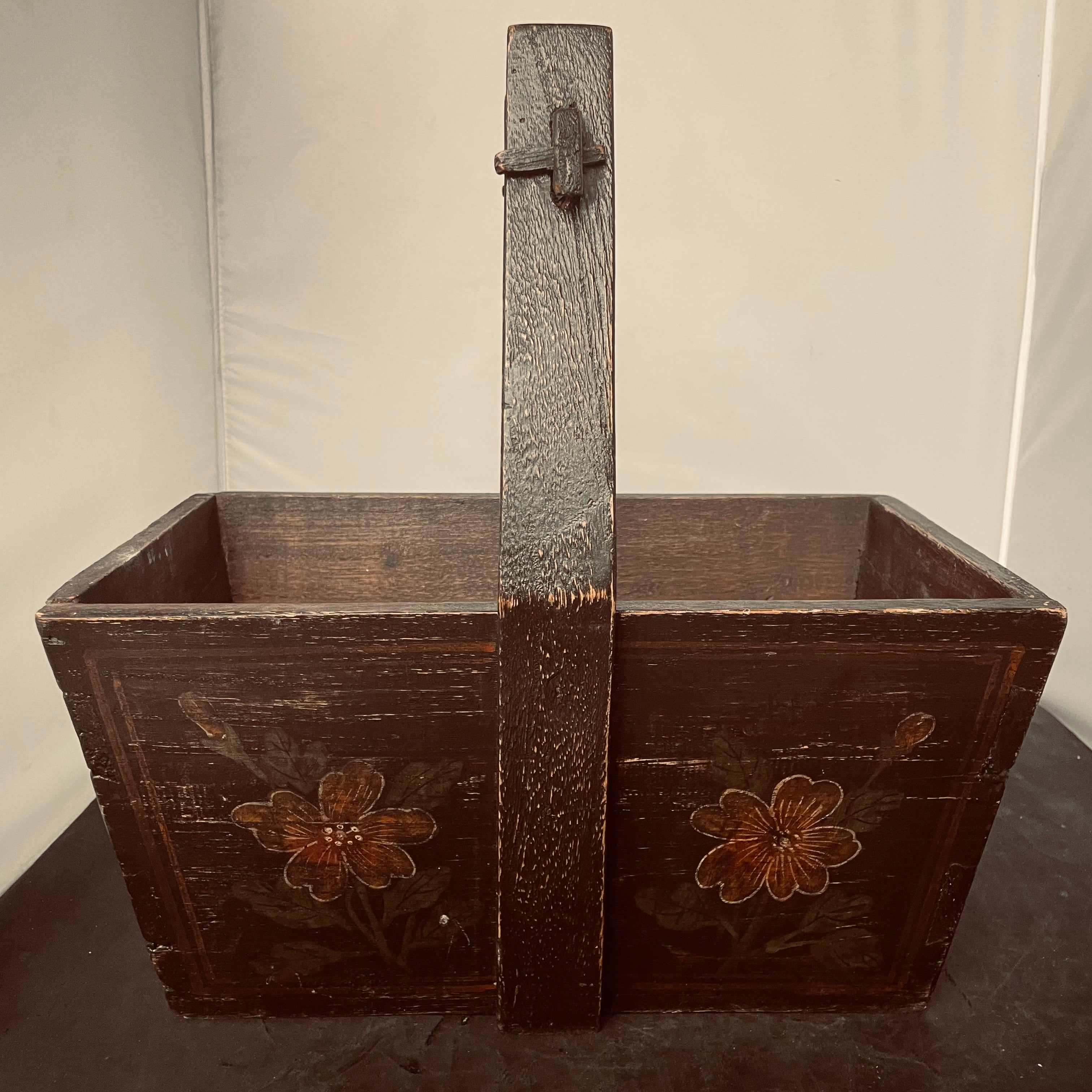 Antique Chinese Handpainted Flowers/Birds Elm Wood Rice/Grain Basket, 14"x 8"x 15"