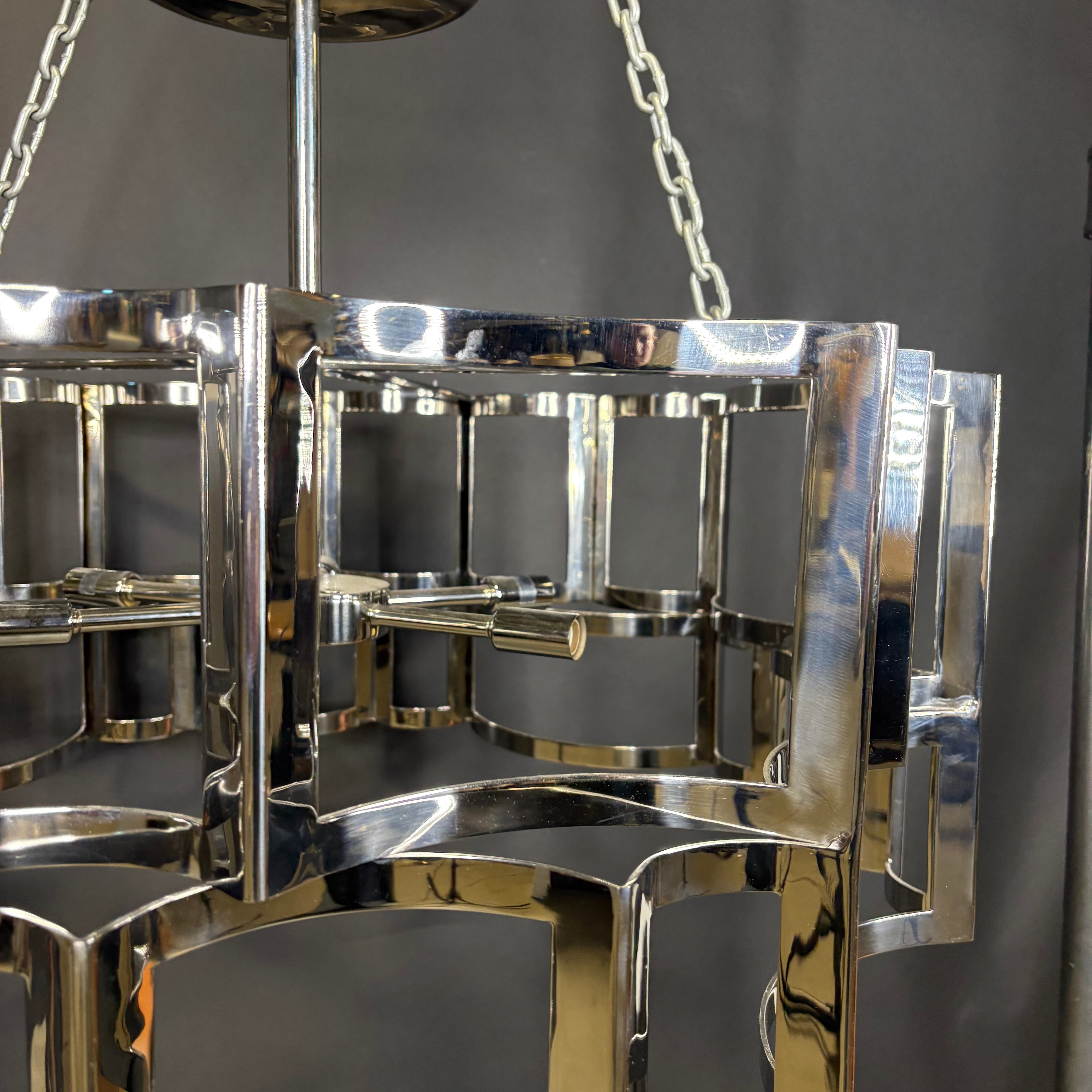 Art Deco Modern 6-Light Chrome Cage Semi Flush Chandelier 31” Diameter x 22”