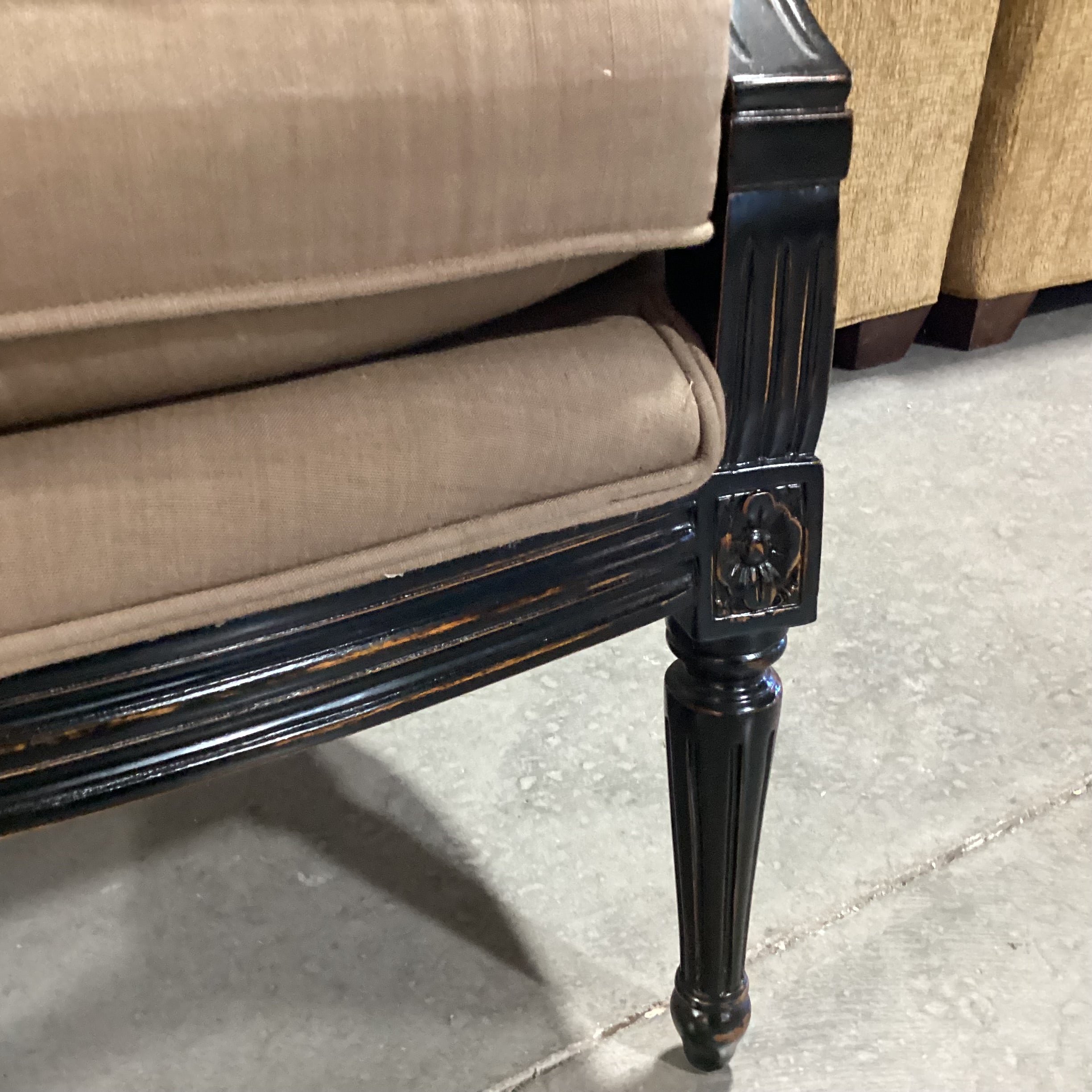Black French Caning & Carved Wood with Taupe Brown Down Mix Upholstered Chair 26"x 24"x 40"