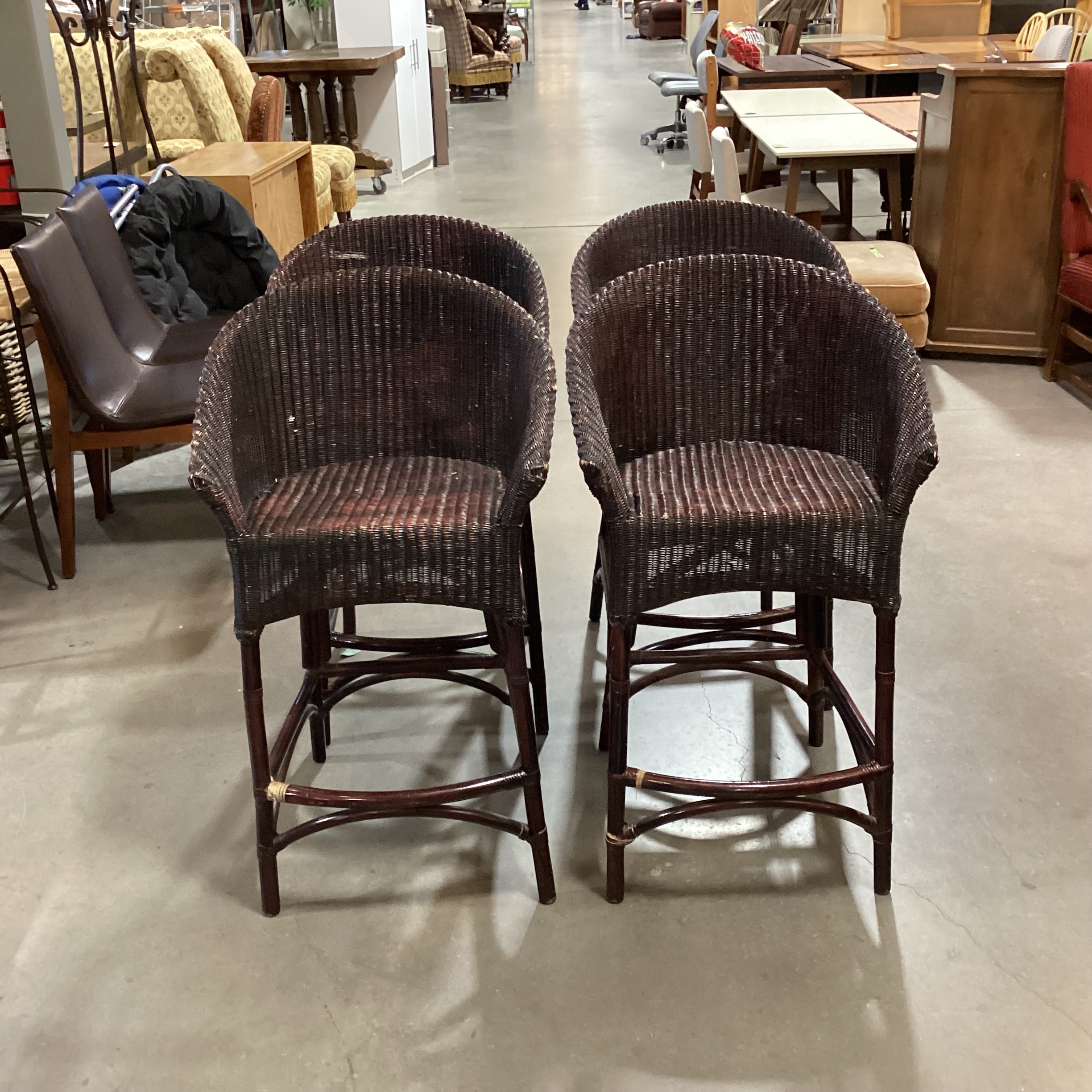 Set of 4 Wicker & Bamboo Dark Finish Barstools 29.5"