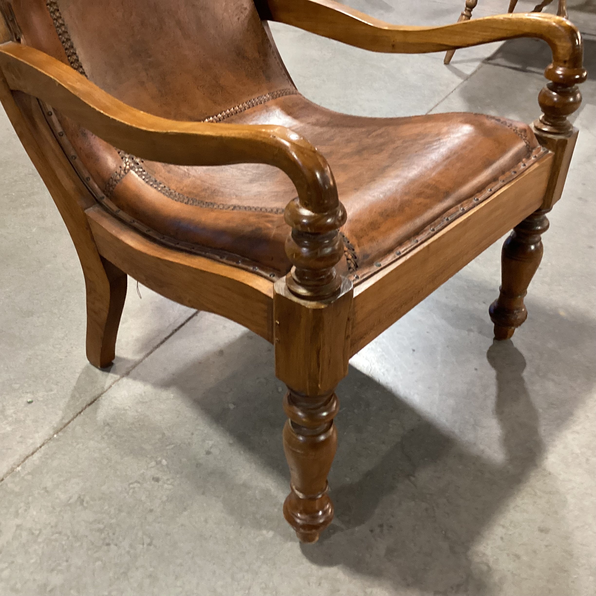 Carved Wood With Distressed Leather Nailhead Plantation Style Lounge Chair 29"x 34"x 39"