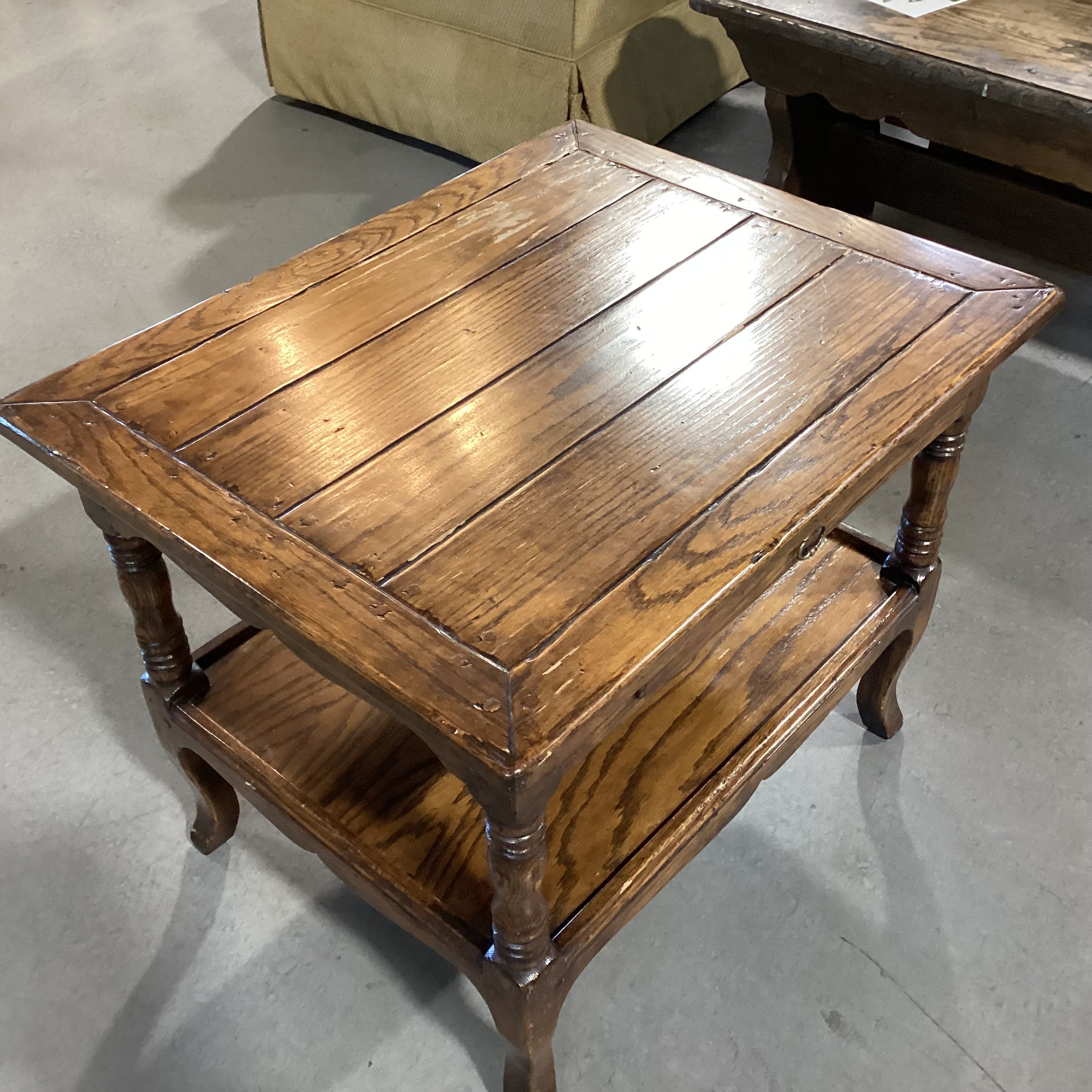 Distressed Finish Carved Oak 1 Drawer & Shelf End Table 30"x 24"x 24"