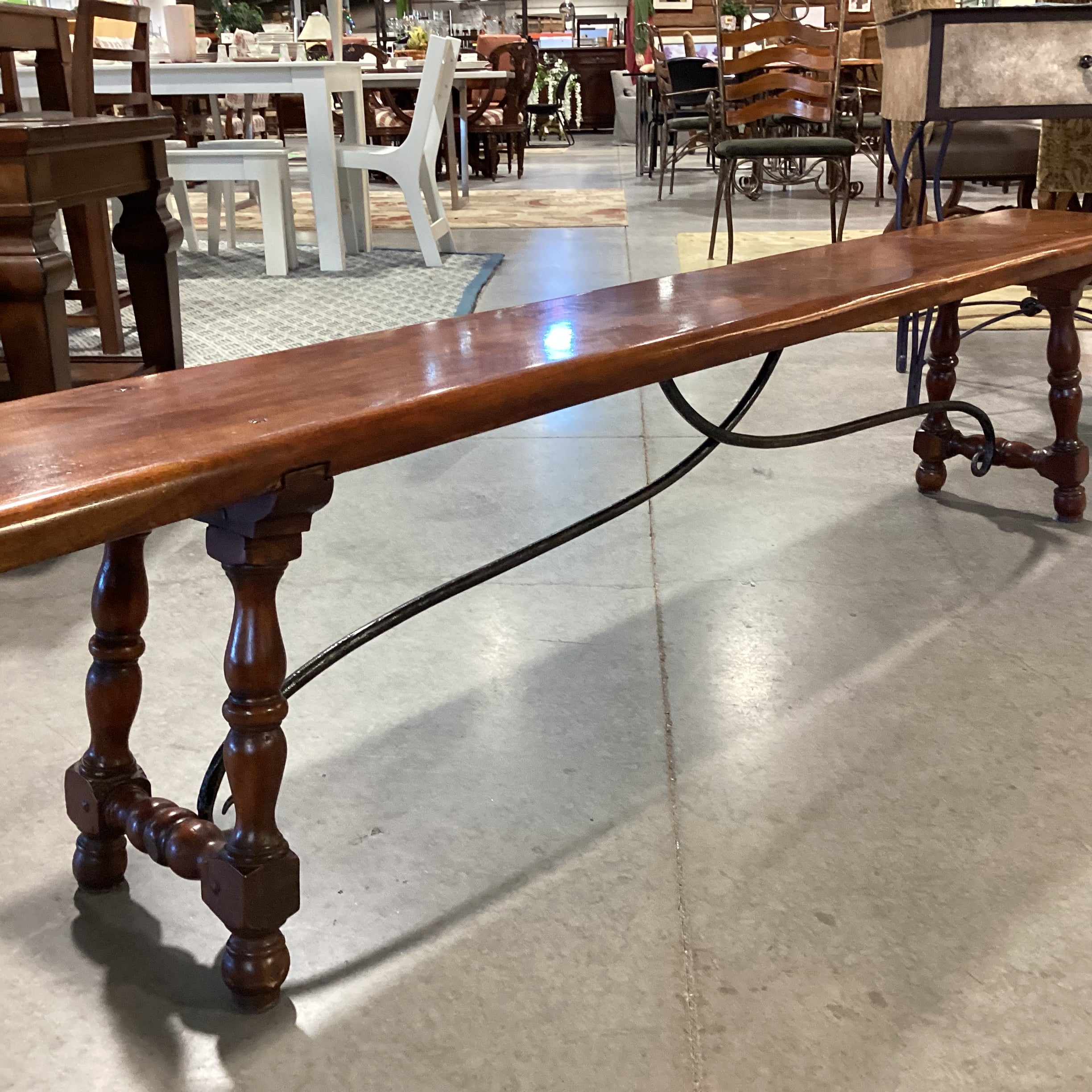 Finished Craved Wood with Iron Trestle Bench 84"x 12'x 18"