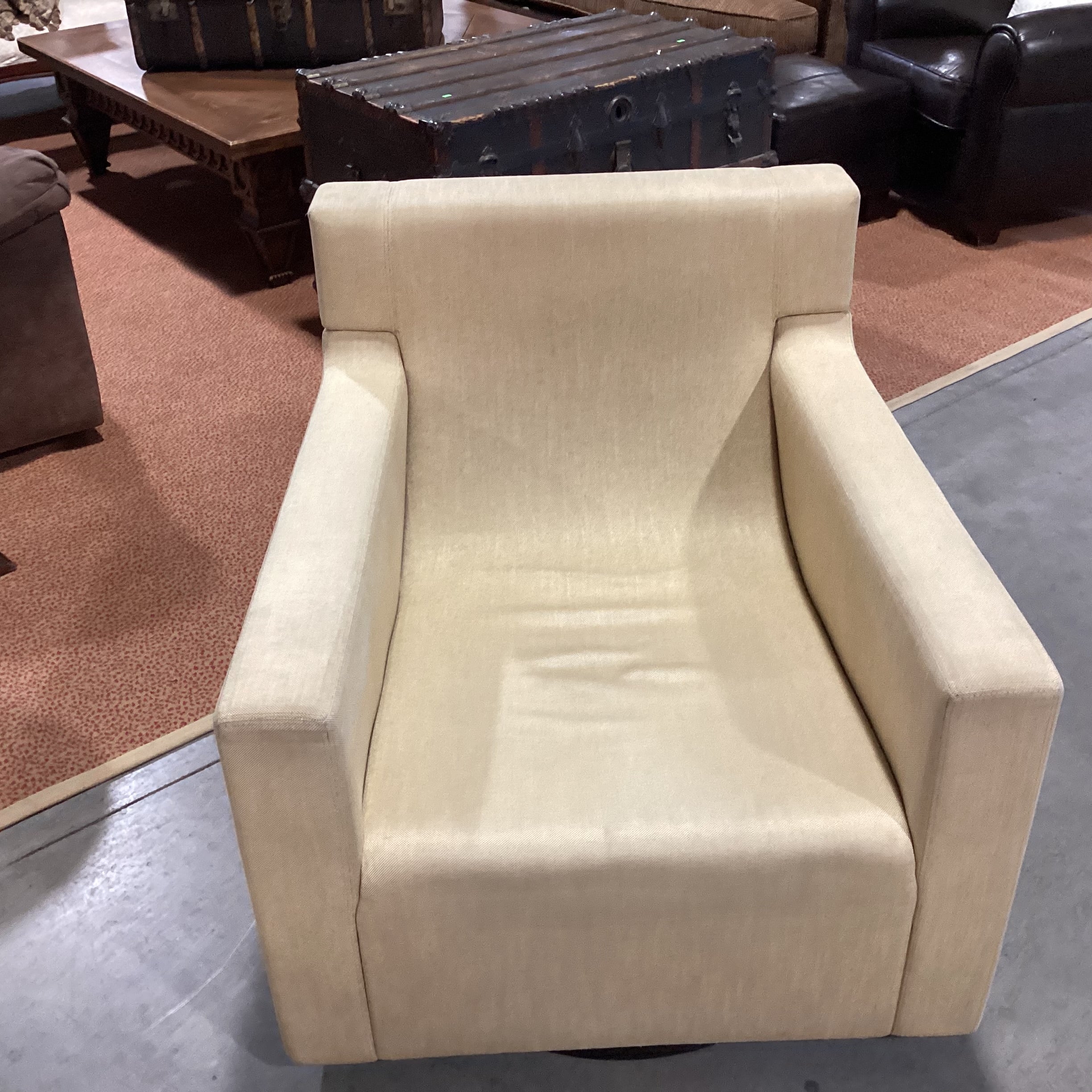 Custom Gold Woven Slope Arm Curved Back Swivel Chair 35"x 38"x 33"