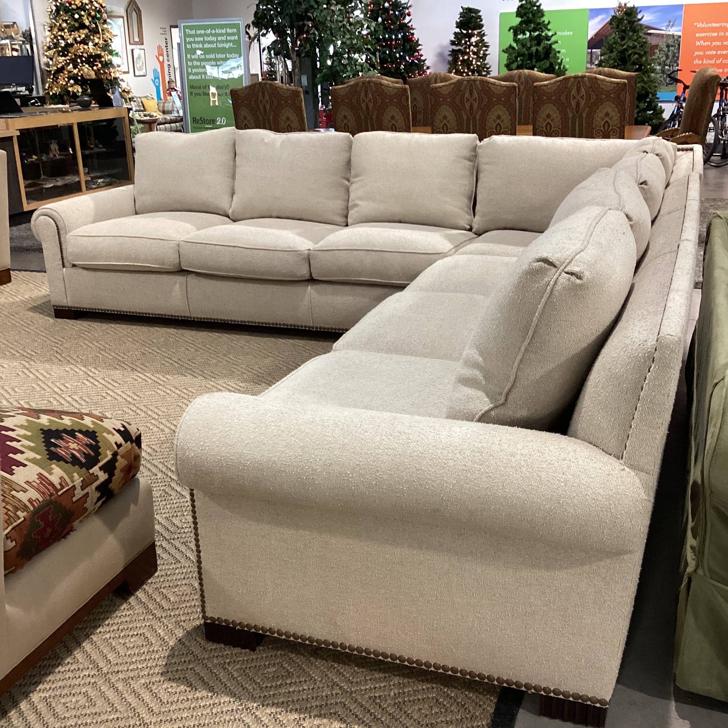 JJ Custom Cream Texture Woven Nailhead & Down Mix 2 Piece Sectional 138"x 138"x 2"x 36"