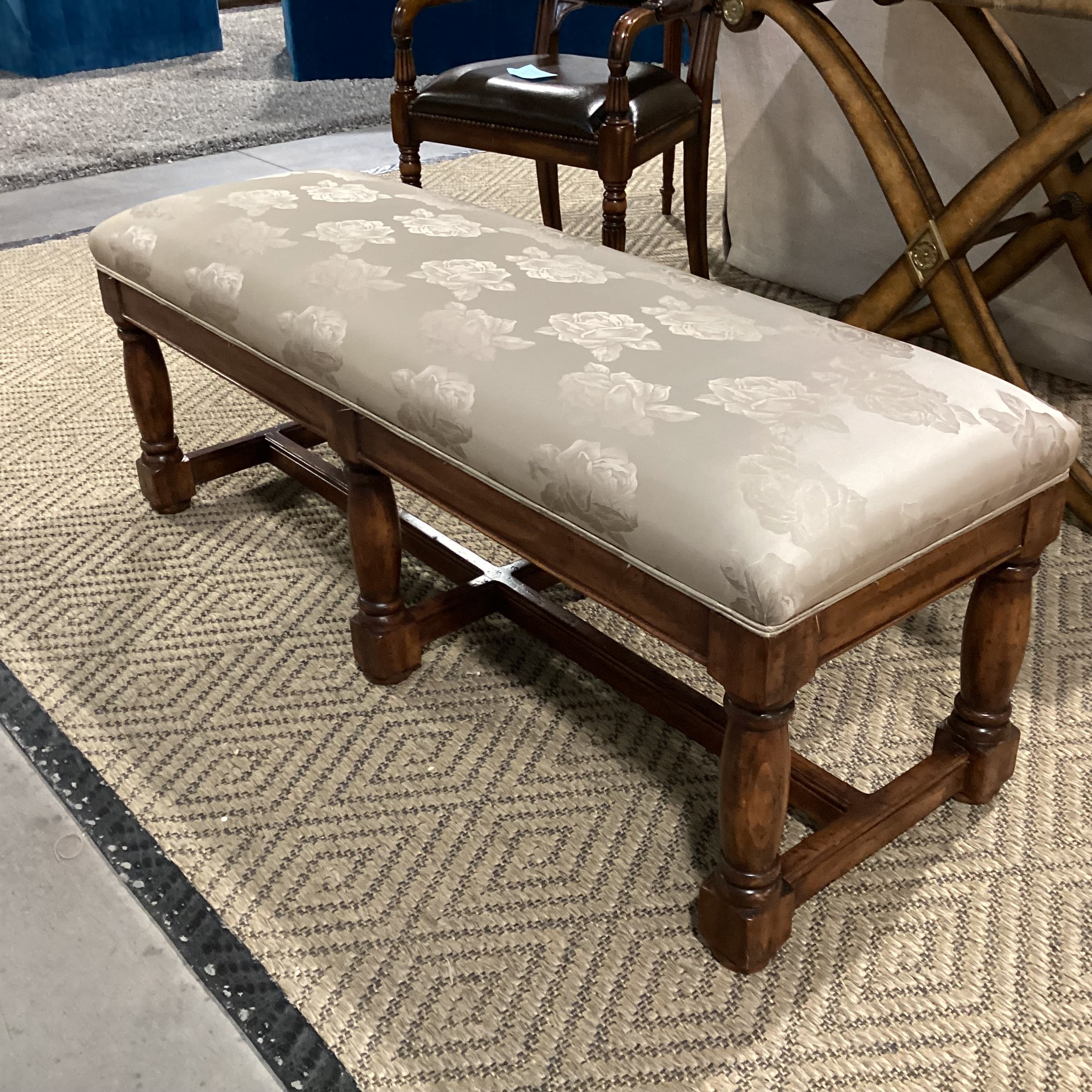 Taupe & Gold Satiny Roses & Carved Wood Bench 55"x 19"x 21"