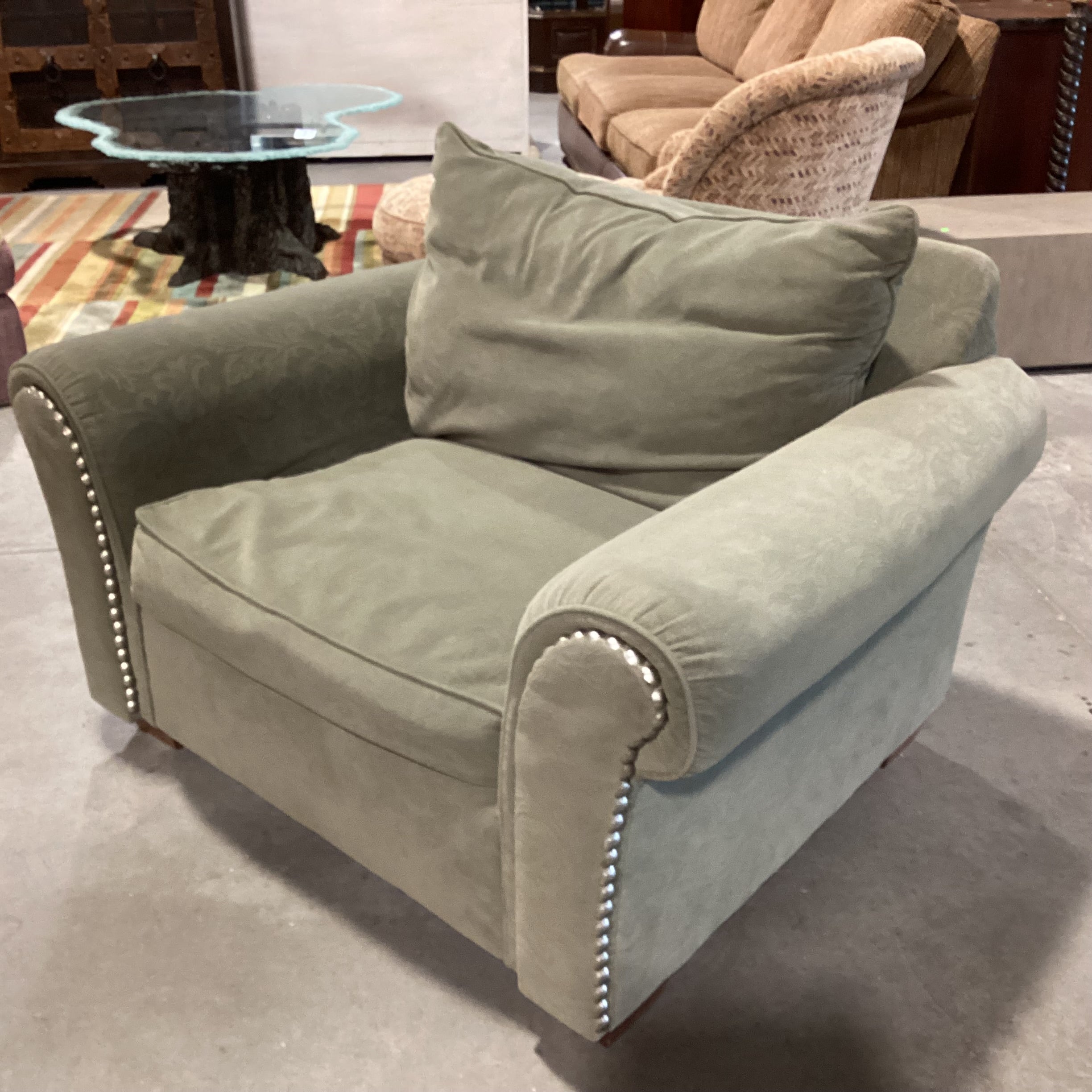Sage Raised Scroll Floral & Nailhead Chair 50"x 39"x 30"