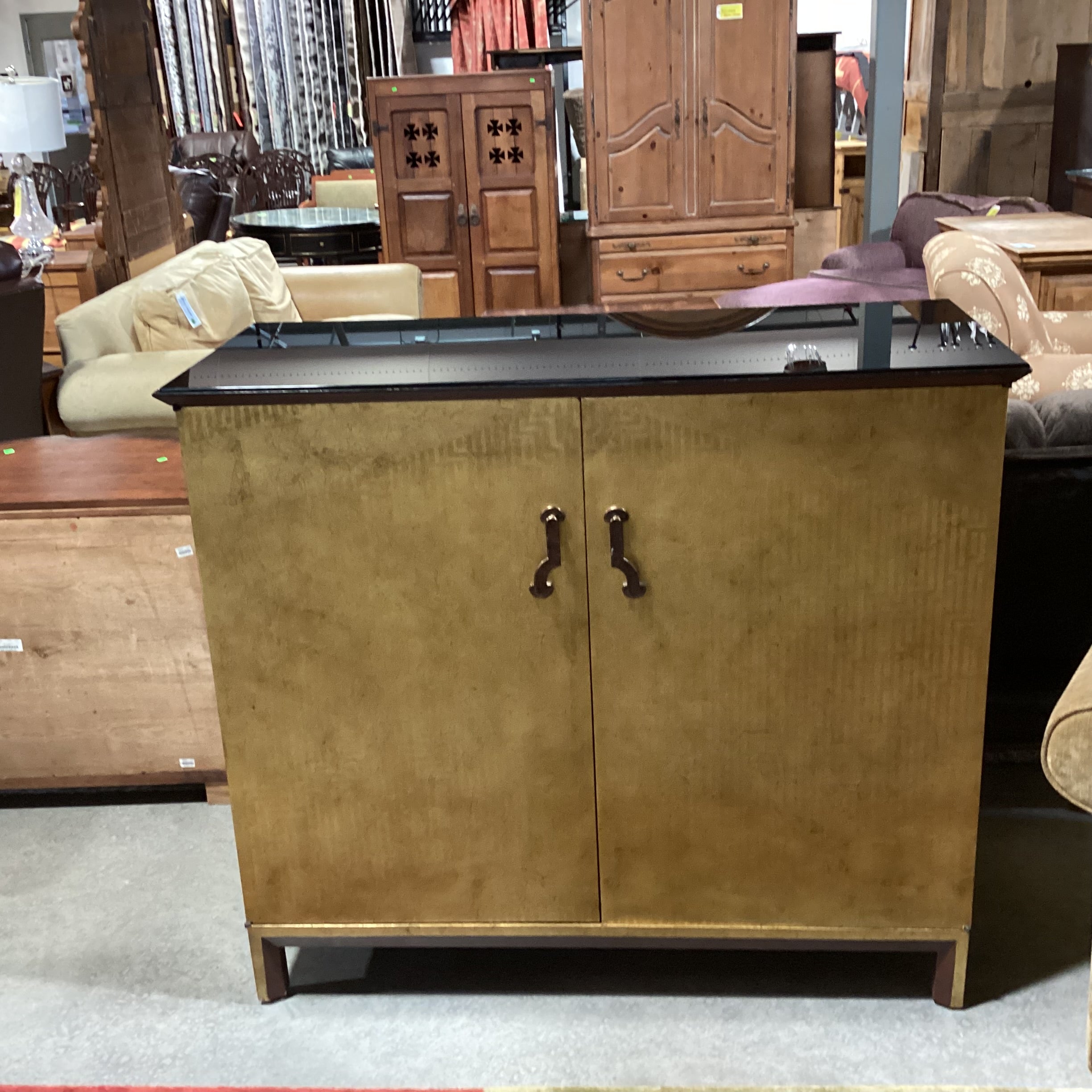 Asian Style Gold Painted Design with Brass Pulls & Black Glass Top 2 Door with Shelves Cabinet Console 49"x 20"x 43"