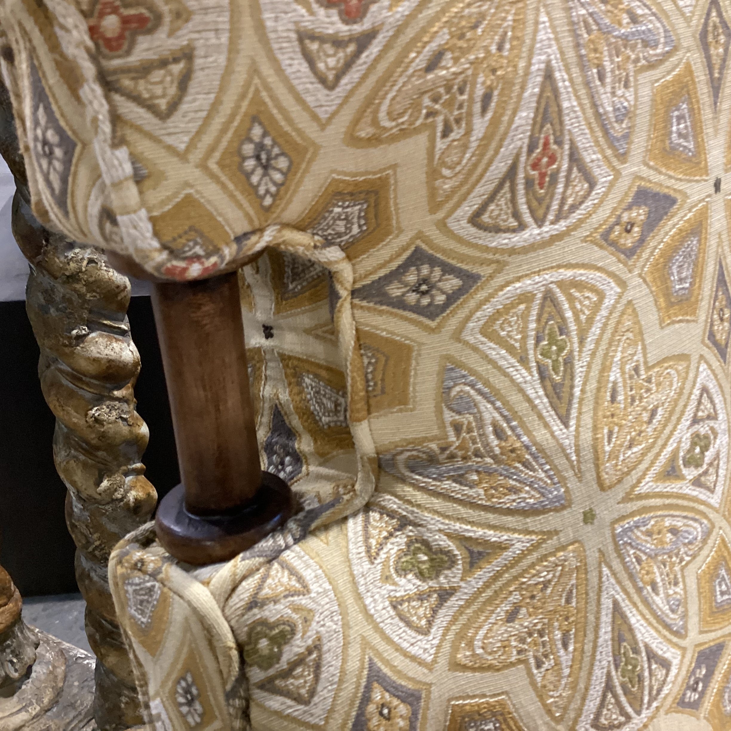 Tomlinson Erwin Gold Tones Raised Stitched Design with Wood Handles on Casters Chair 29"x 25"x 44"