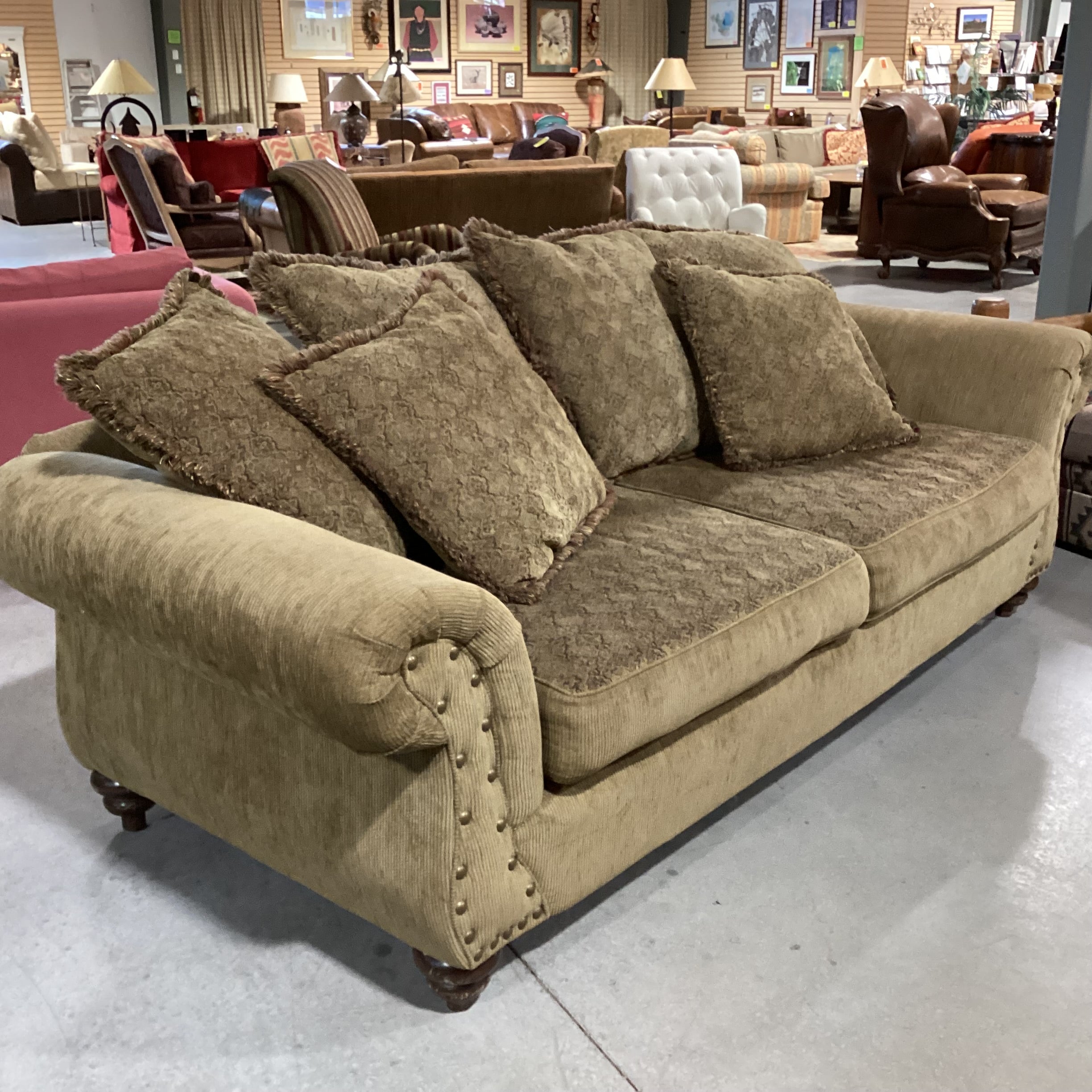 Golden Olive with Reversible Patterned Cushions & Back Pillows Roll Arm Nailhead Sofa 97"x 40"x 30"