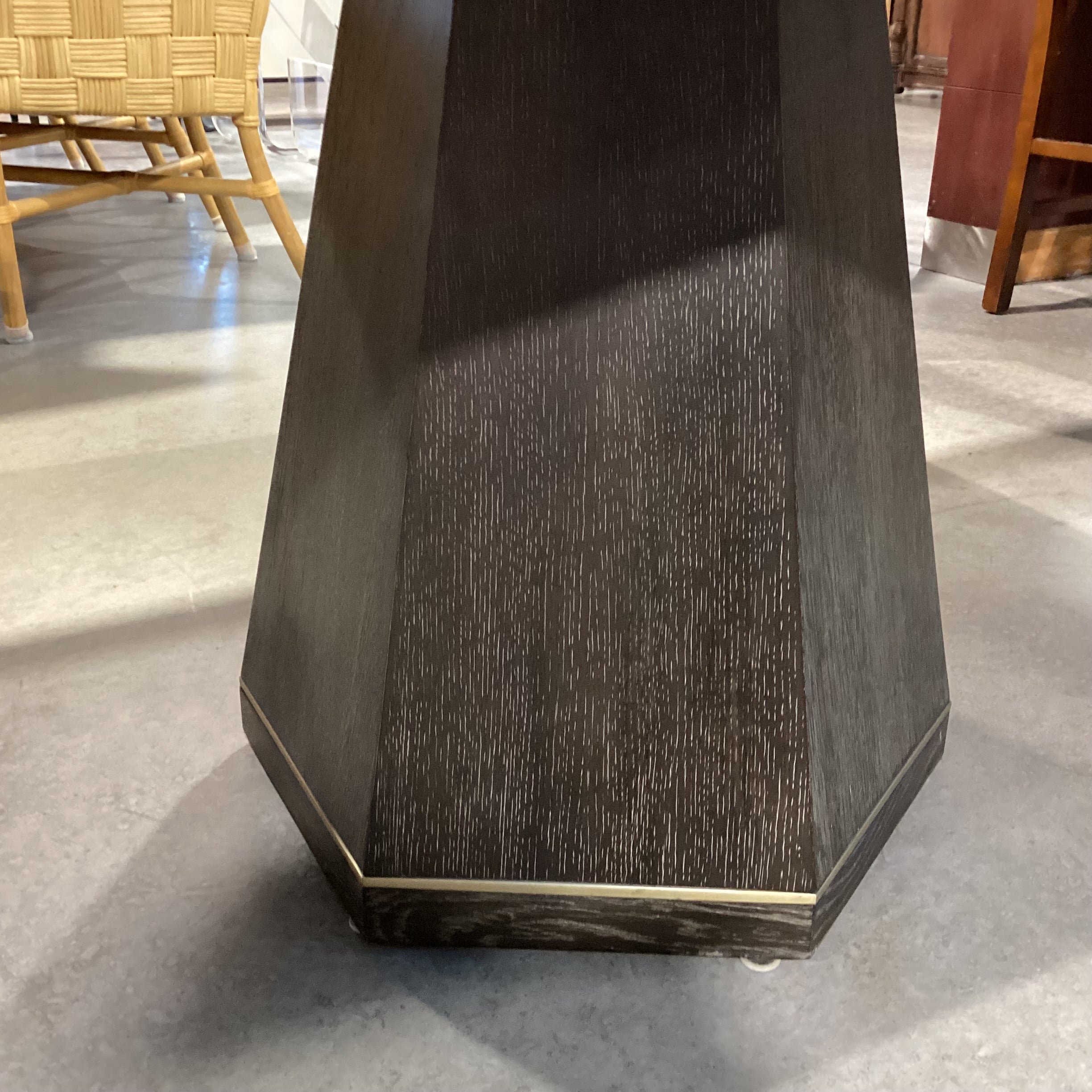 Mitchell Gold & Bob Williams Modern Cerused Charcoal Finish Oak Geometrical Pedestals with Brass Emerson Dining Table 96" to 132"x 42"x 30.5"
