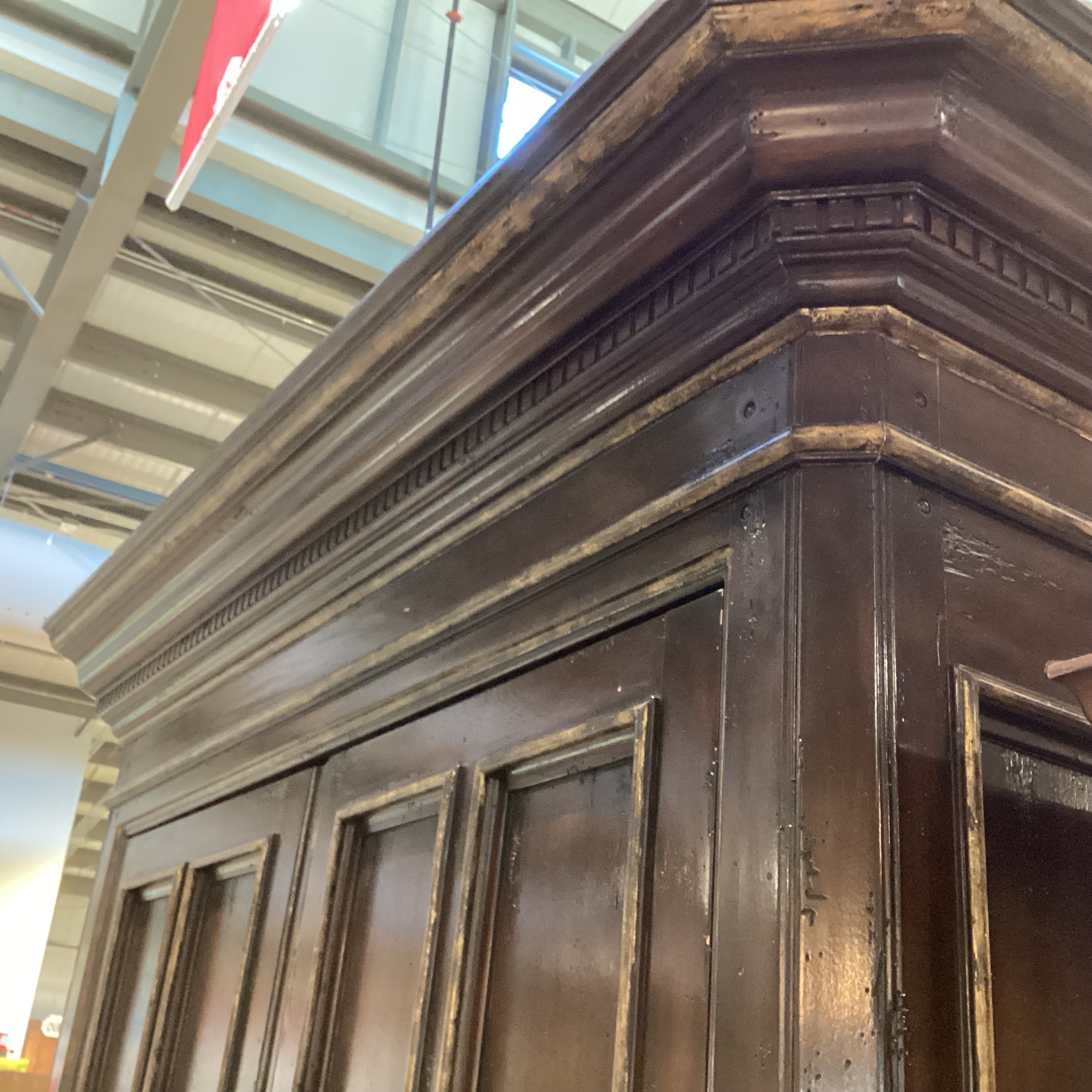 Marge Carson Dark Distressed with Brushed Gold Carved Wood Brass Pulls 5 Drawer 2 Door Wardrobe Armoire 64"x 32"x 94"