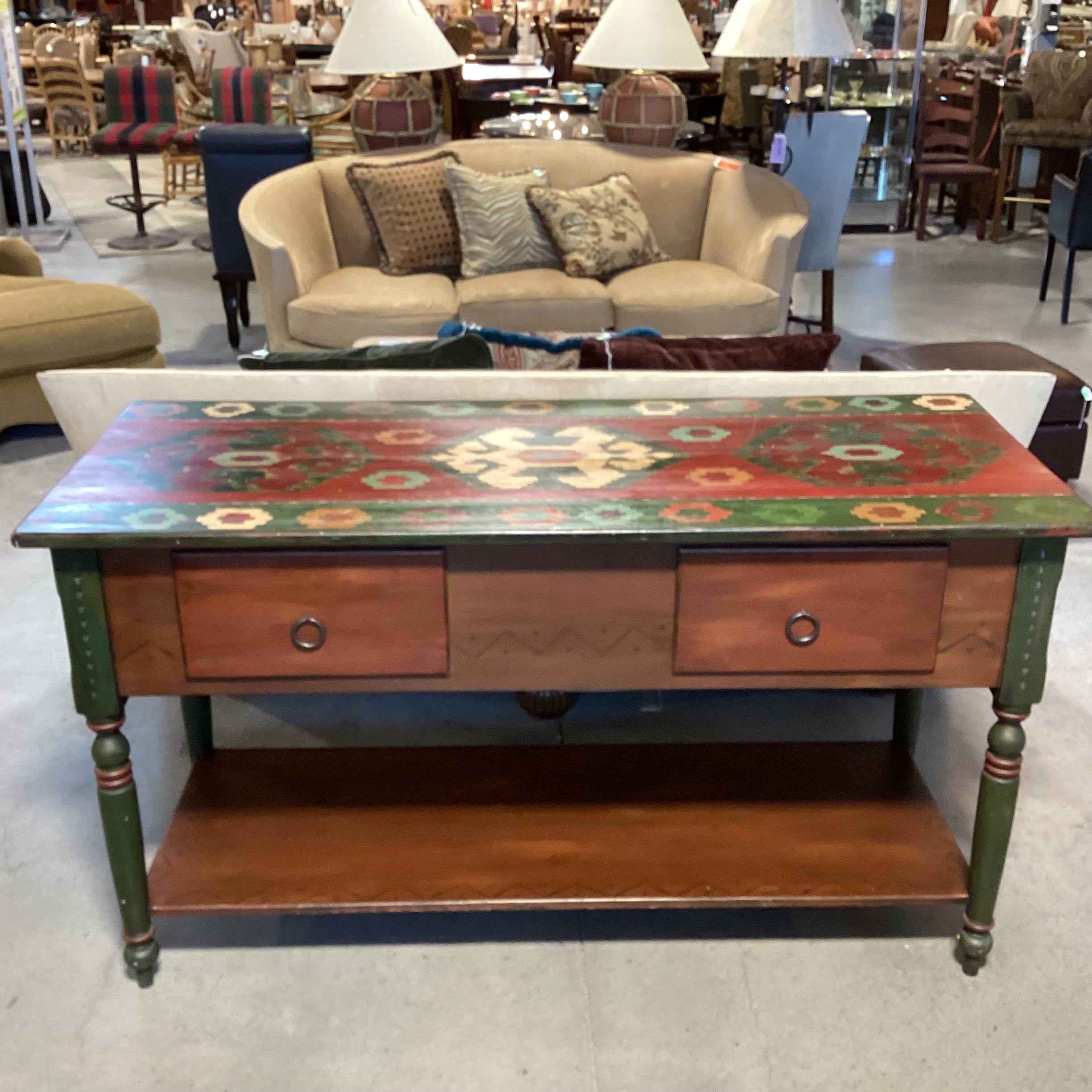 Red & Green Southwest Hand Painted Carved Wood 2 Drawer & Bottom Shelf Console 65"x 27"x 36"