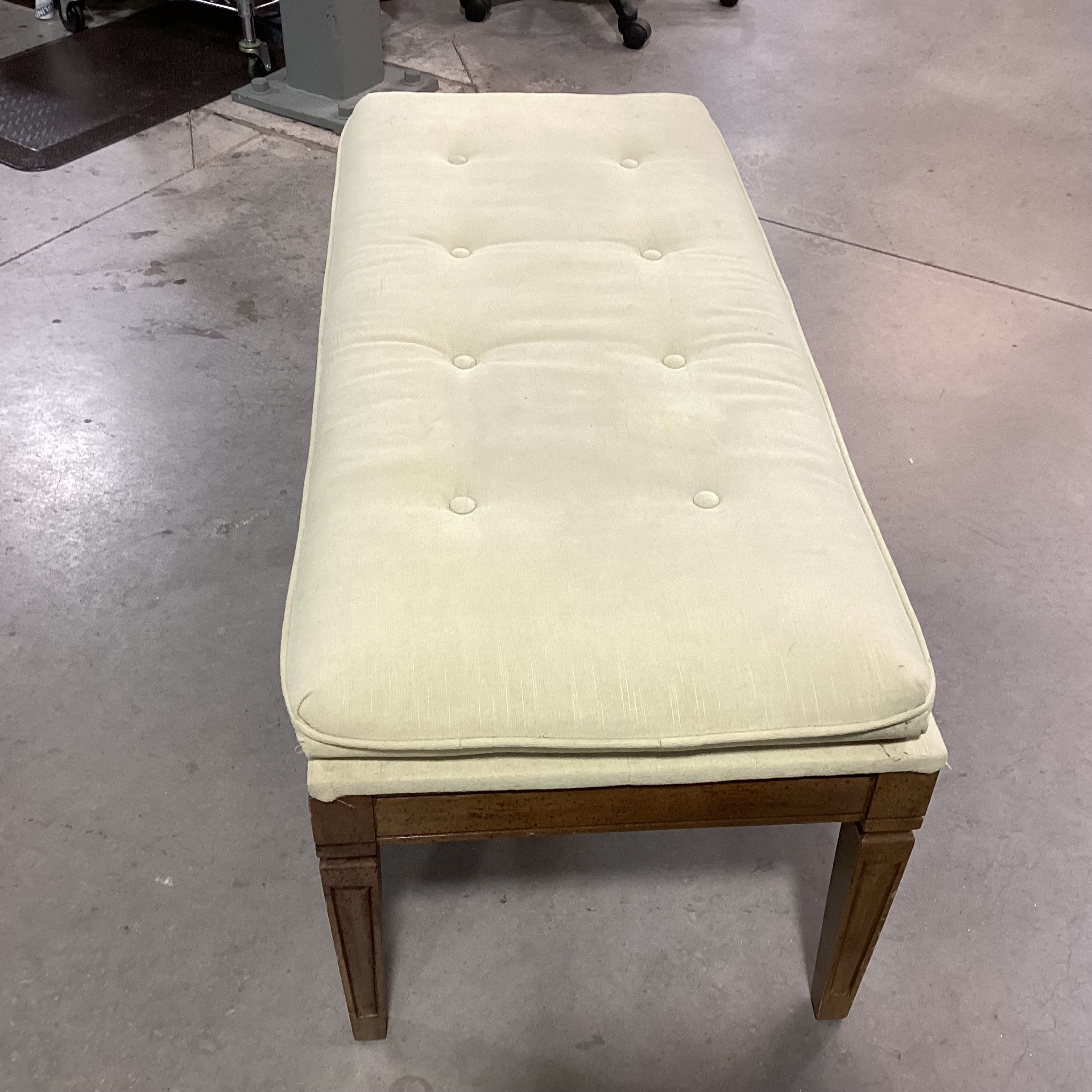 Vintage Carved Wood & Reed Green Button Tufted Bench 44"x 19"x 17"
