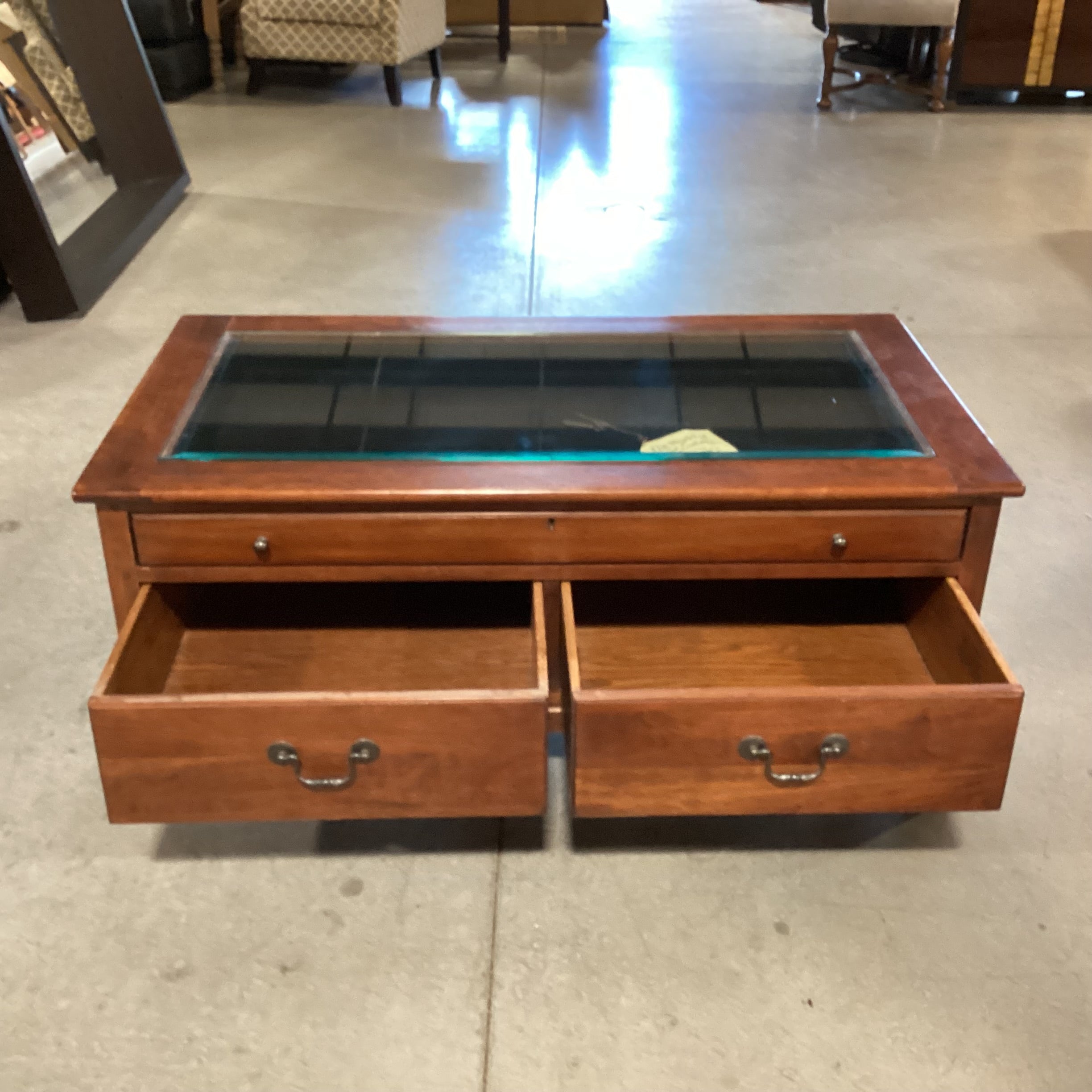 Bob Timberlake for Lexington Finished Wood & Glass Top Double Sided Pull Through Drawers Display Coffee Table 44"x 24"x 19"
