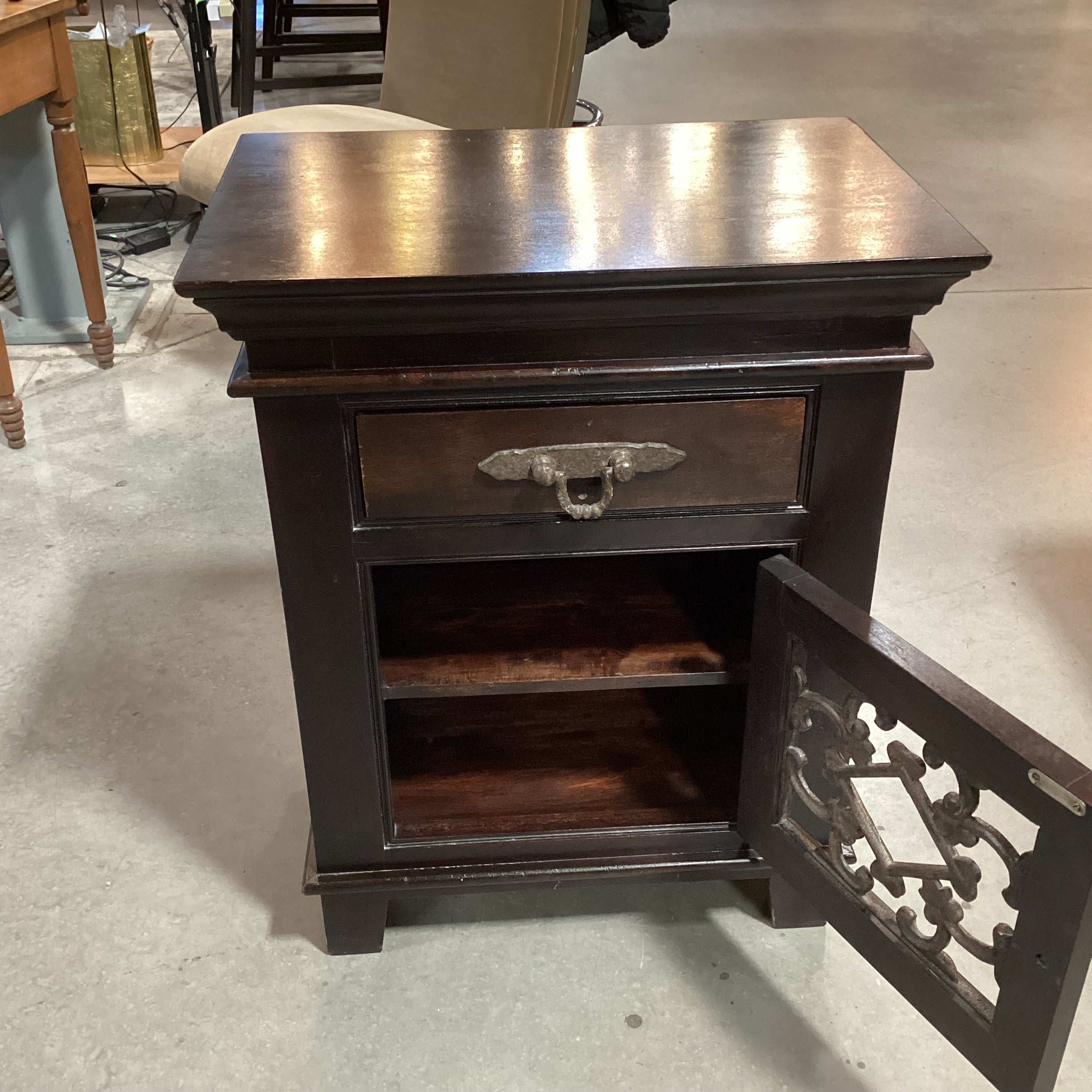 Dark Finish Solid Fruitwood & Iron Detail 1 Door 1 Drawer Nightstand 24"x 16"x 30"