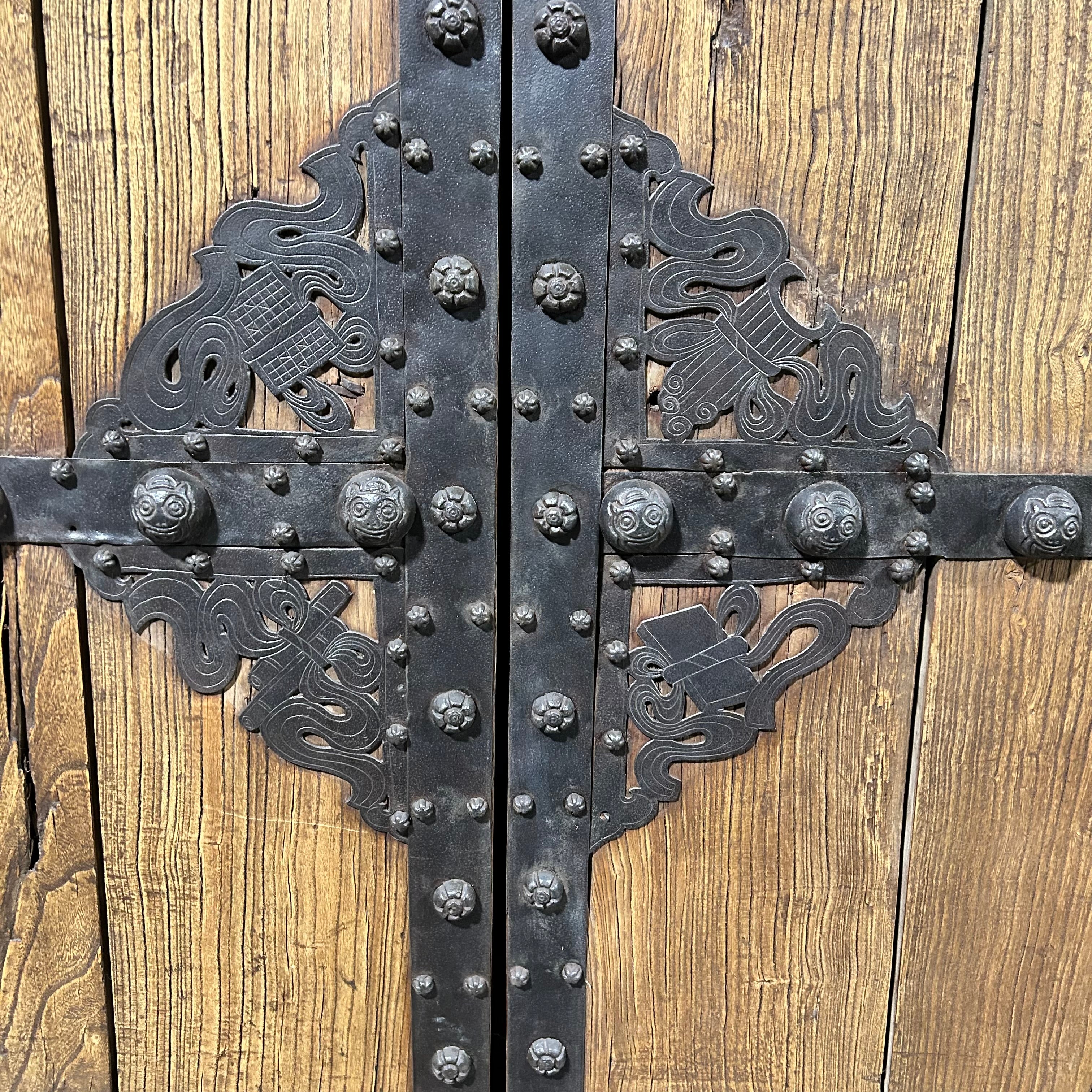 50.5"x 82.75" Antique Chinese Elm Compound Doors with Intriquite Iron Hardware