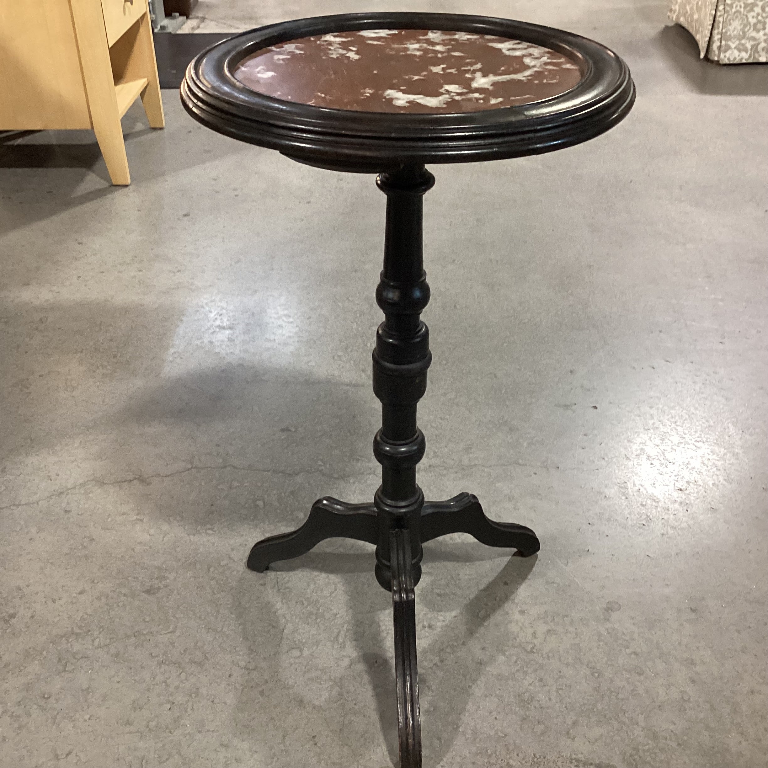 Antique Carved Wood Pedestal & Marble Round Accent Table 17" Diameter x 30.5"