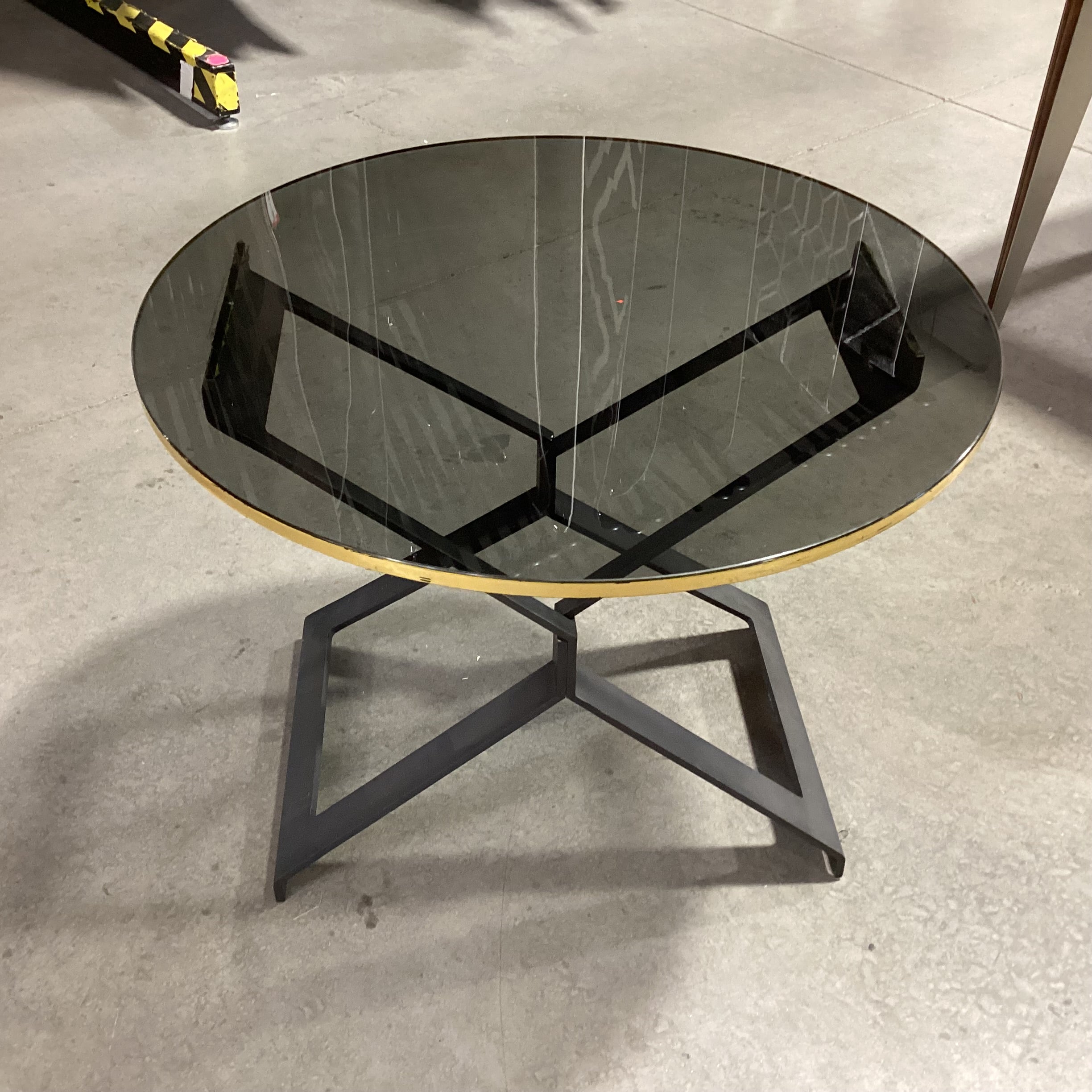 Black Finished Brass & Round Black Glass with Gold Gilt Edge Accent Table 26" Diameter x 21"