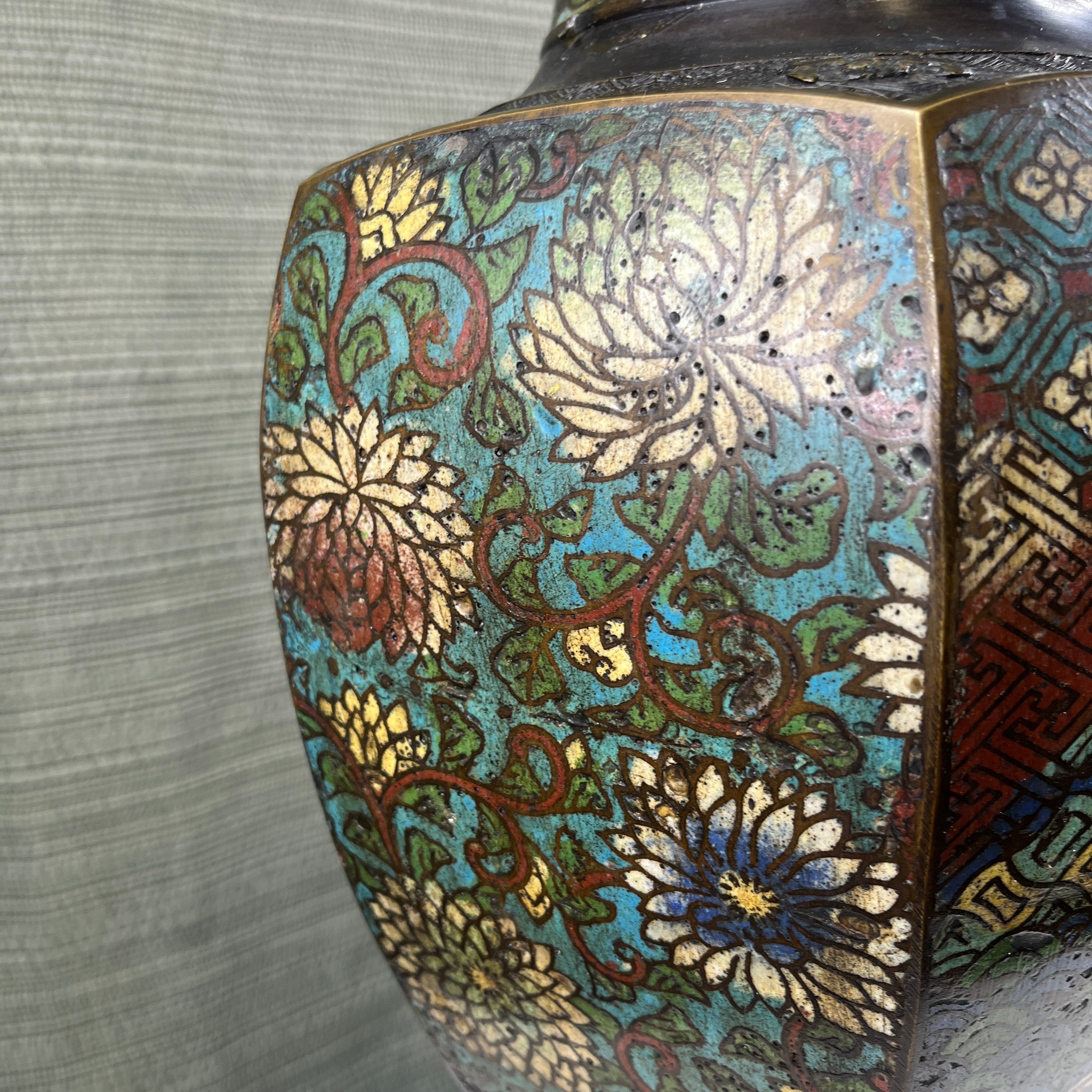 19th Century Multi Colored Cloisonne Enamel Patina Bronze Oriental Vase Table Lamp 9" Diameter x 21"