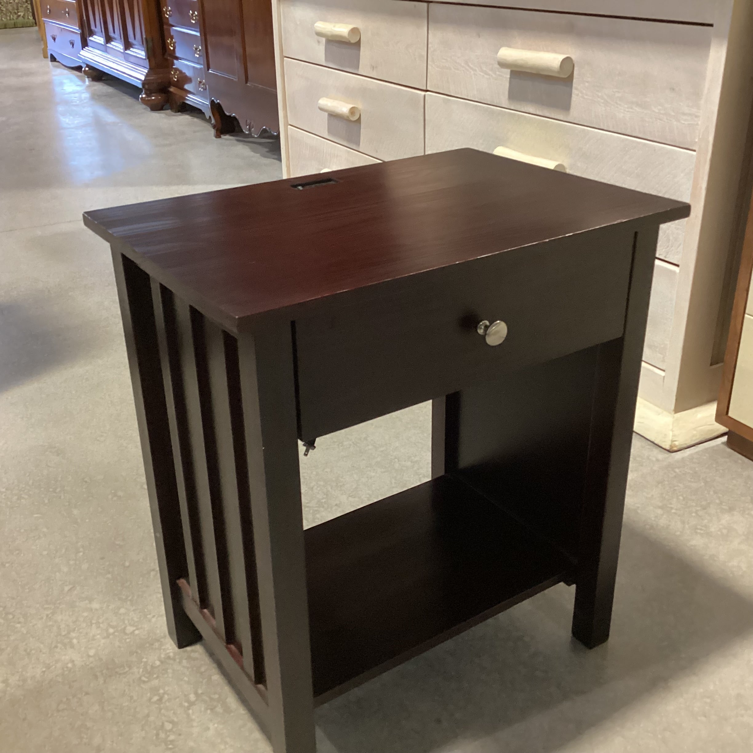 Dark Finish Wood 1 Drawer With Bottom Shelf & Plug In USB Outlet Nightstant 24"x 17"x 27"