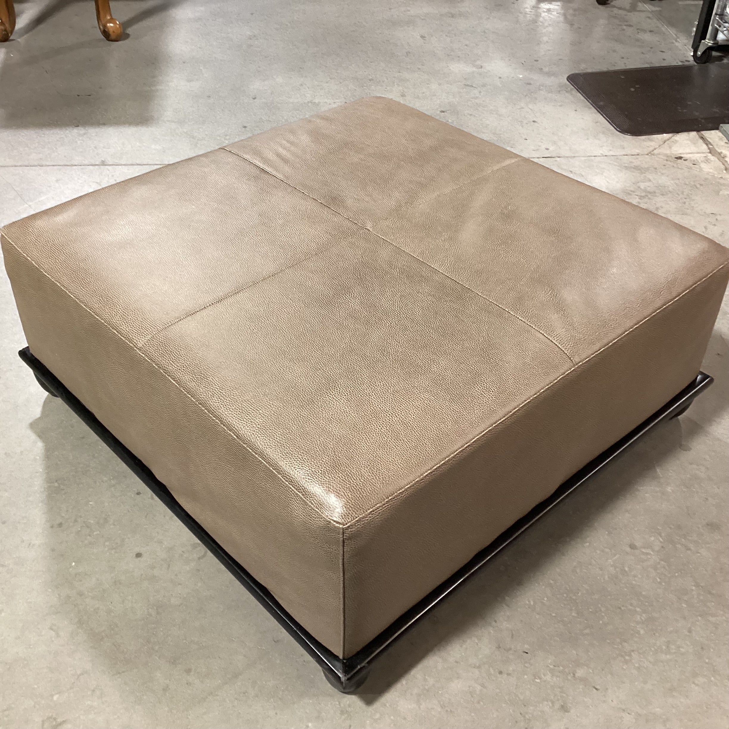 Baker Milling Road Collection Taupe Brown Textured Leather & Black Wood Base Ottoman 38"x 38"x 16"