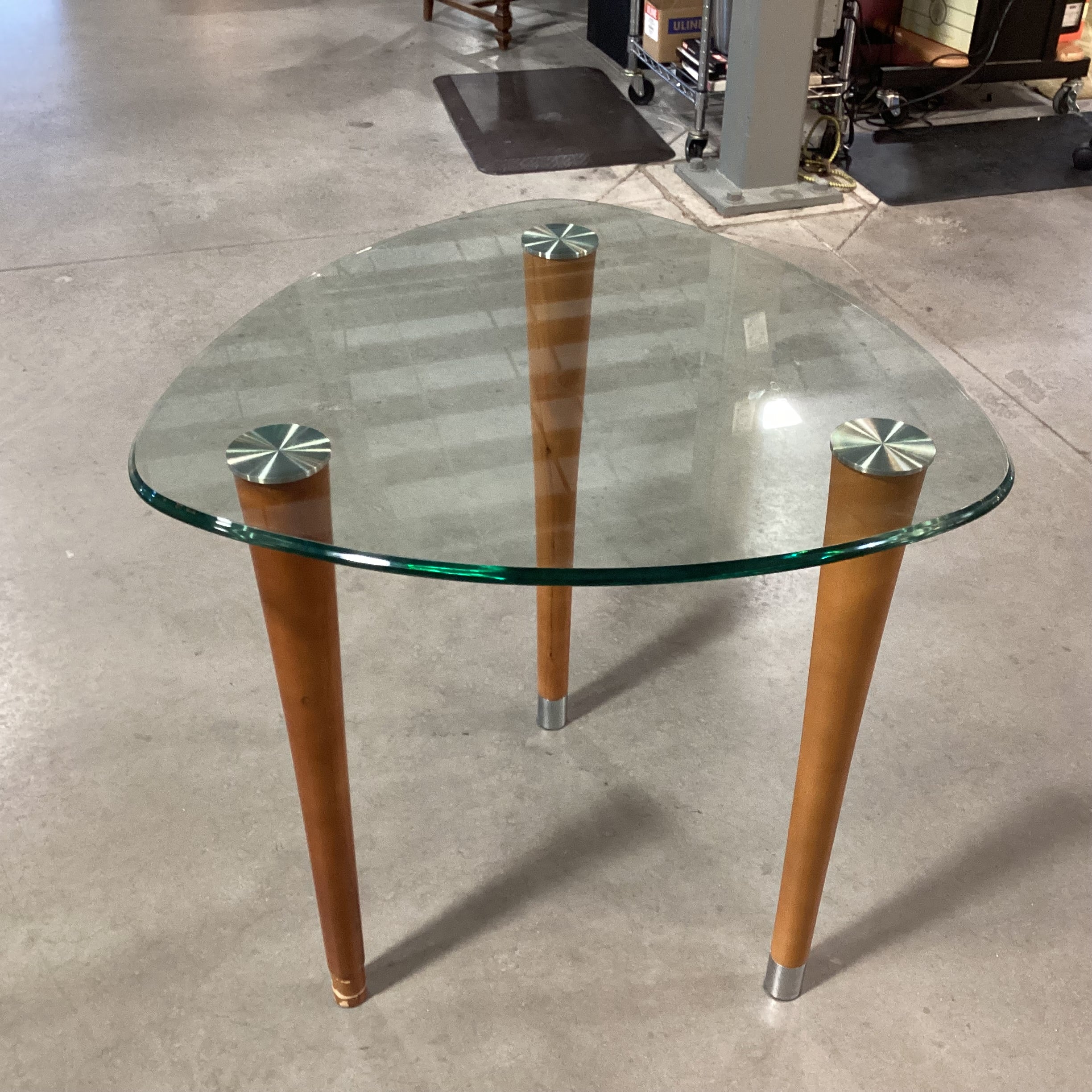 Modern Triangle Glass & Wood Legs End Table 26"x 26"x 26"