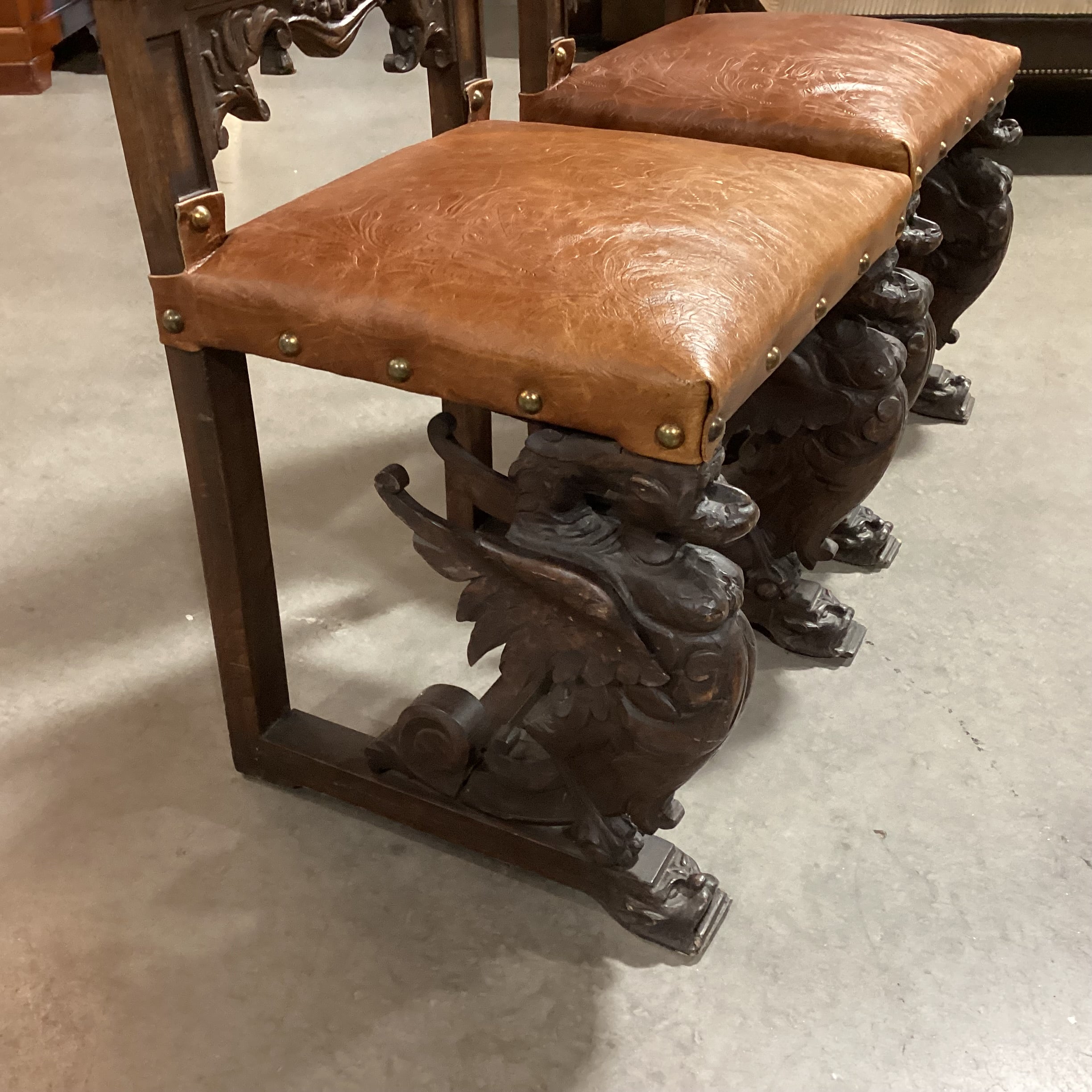 SET of 2 Antique Ornate Carved Wood & Embossed Leather Antique Chairs 20"x 20"x 48"